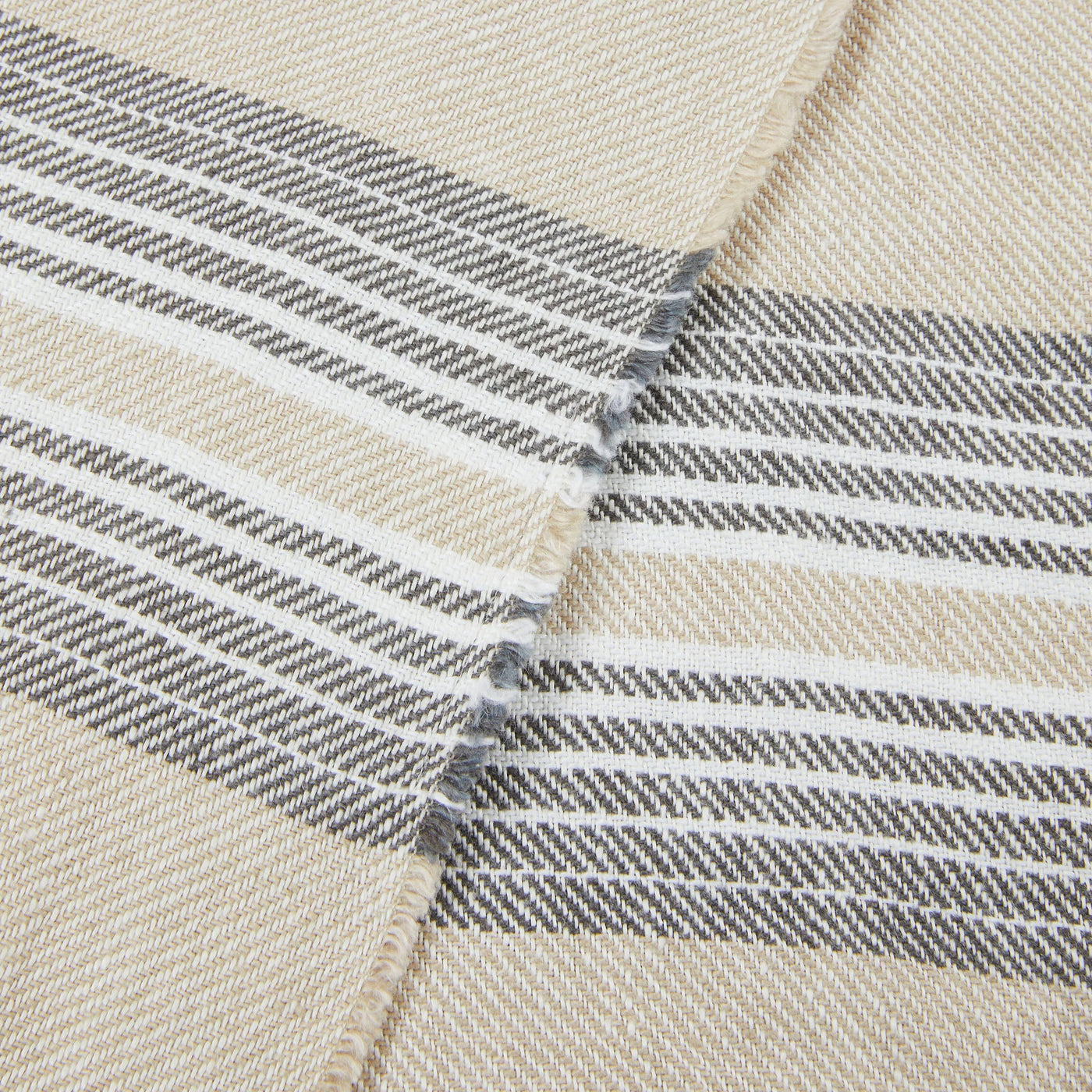 Close-up of Lanerossi Palau throw showing ivory and charcoal stripe weave detail.