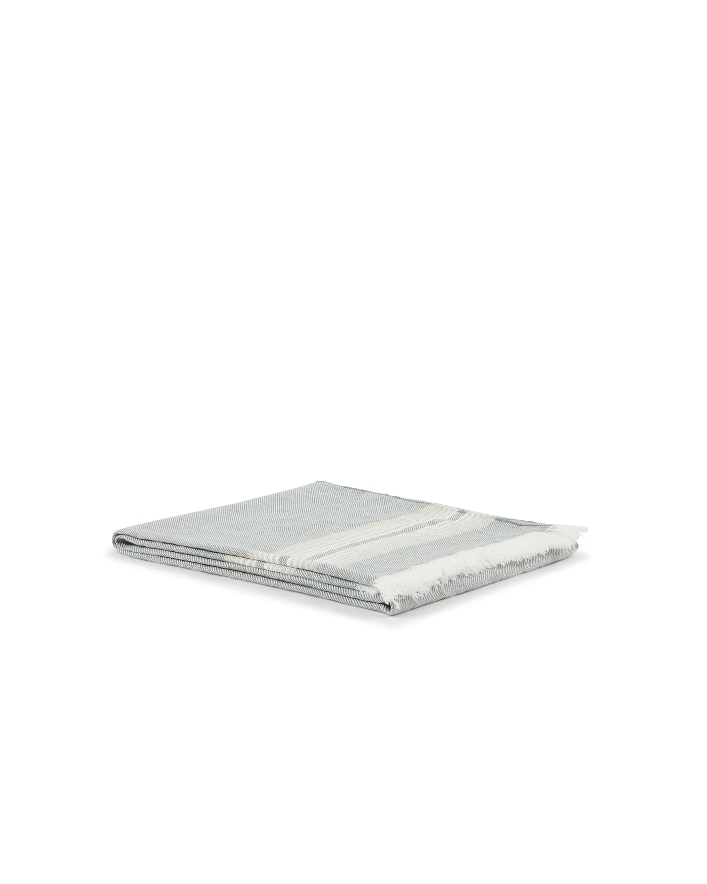 Lanerossi Palau throw folded flat, sage green with ivory stripe border detail.