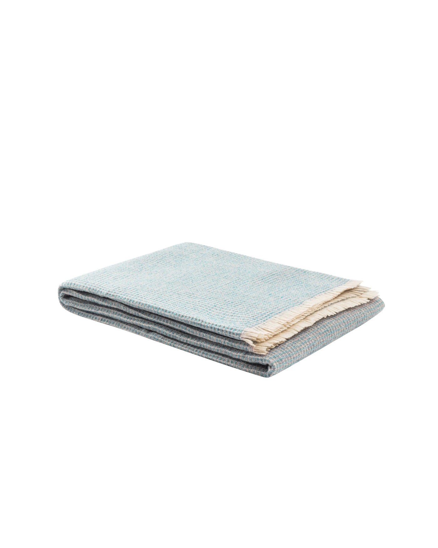 Lanerossi Rossi Moon throw folded, sage blue woven texture with ivory fringe edge.