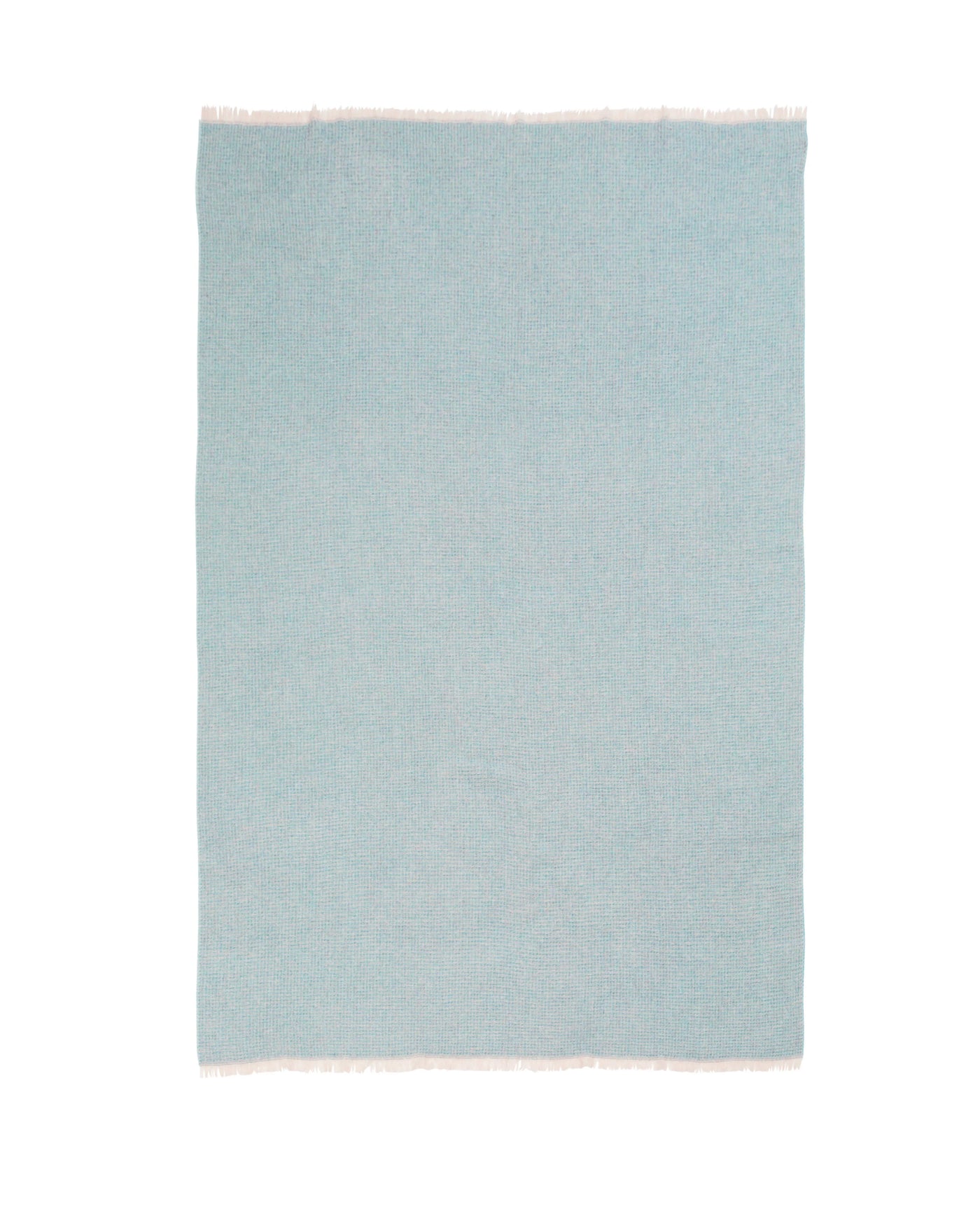 Lanerossi Rossi Moon throw in pale aqua with white fringe trim, flat lay view.