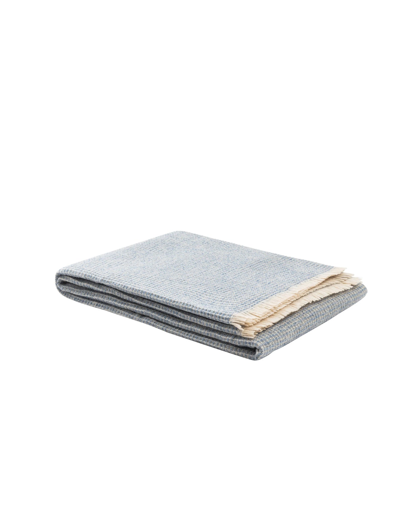 Lanerossi Rossi Moon throw folded, slate blue waffle weave with ivory fringe trim.