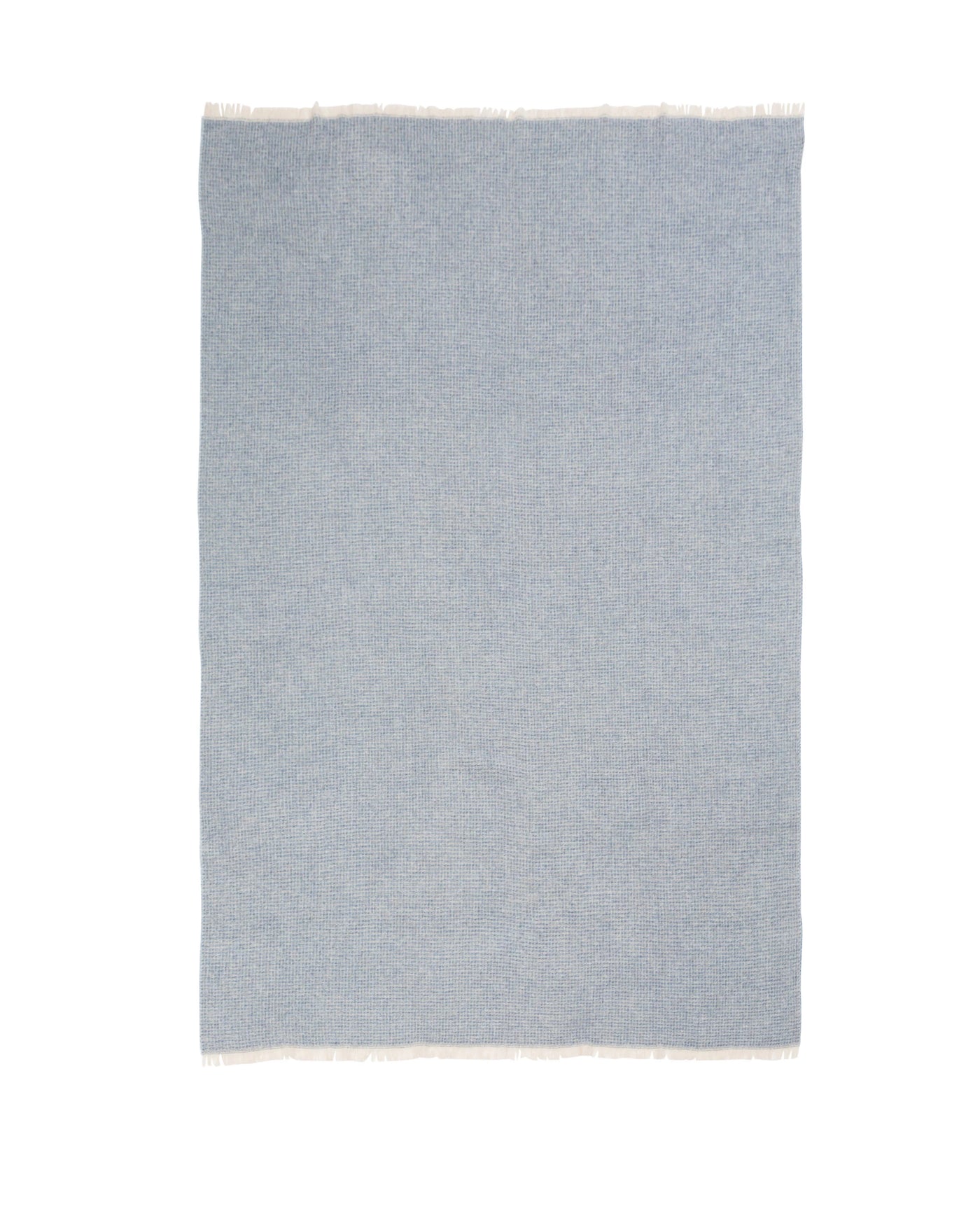 Lanerossi Rossi Moon throw in pale blue with ivory fringe trim, flat lay view.