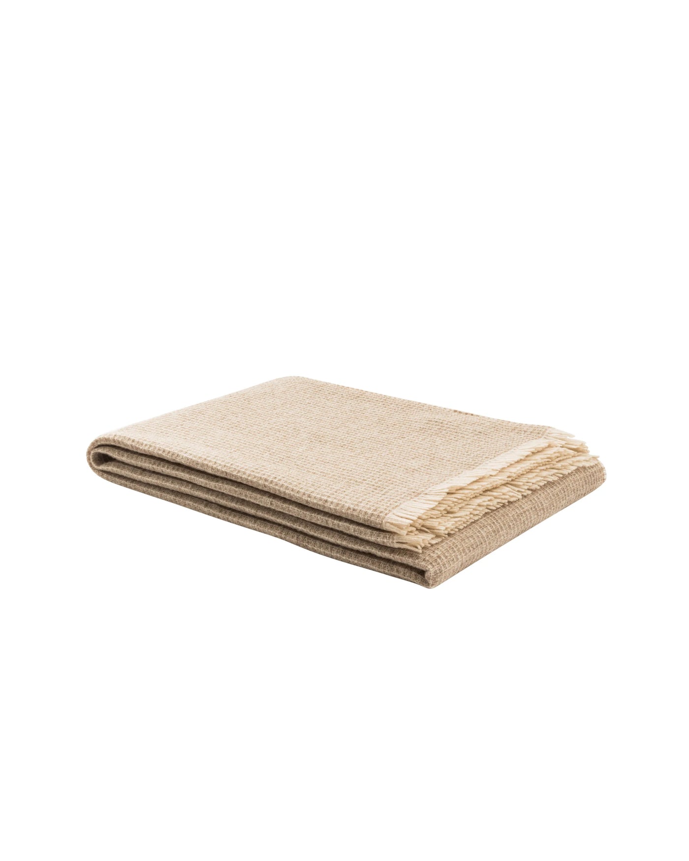 Lanerossi Rossi Moon throw folded flat, sand herringbone weave with fringe trim.