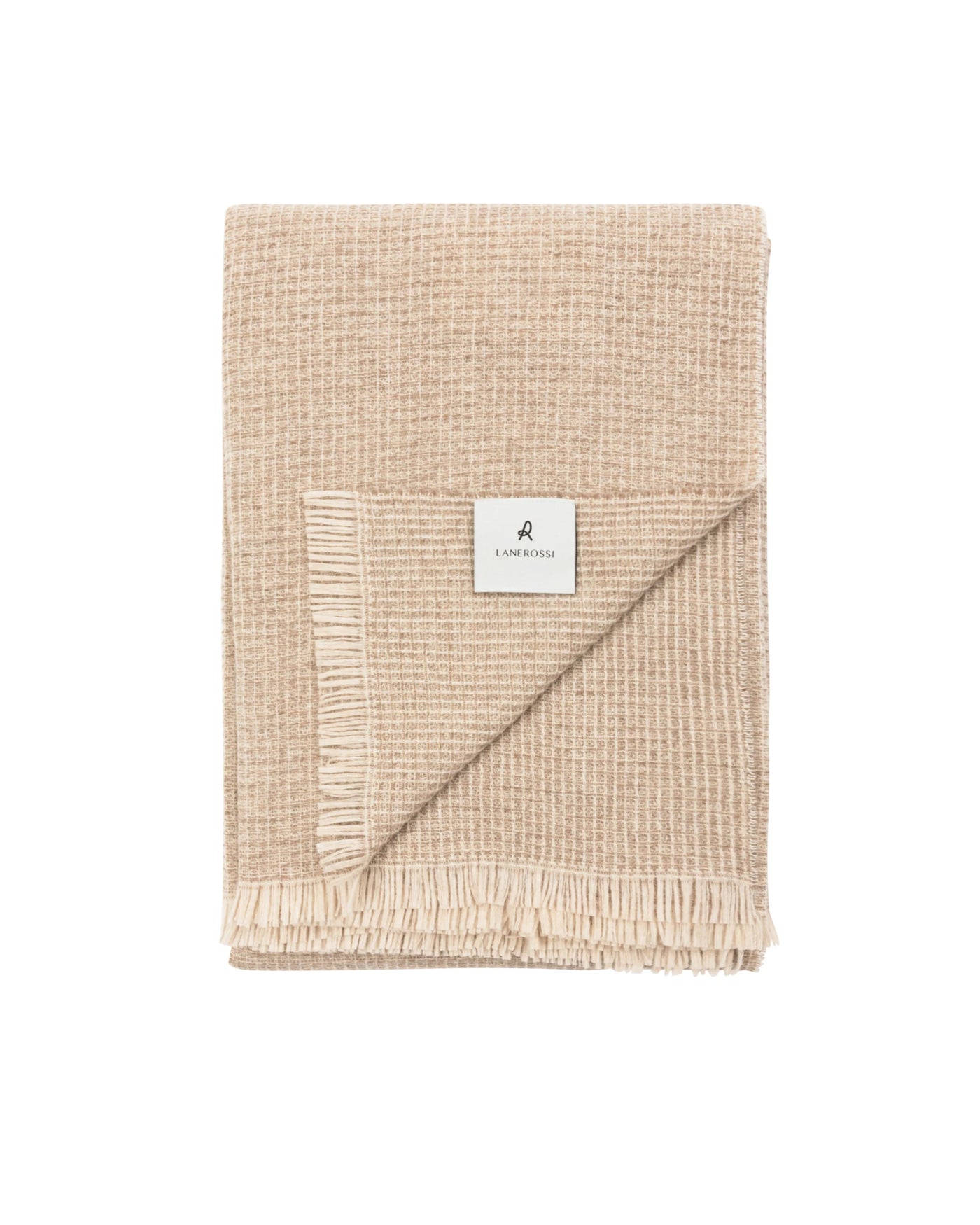 Lanerossi Rossi Moon throw in sand, folded with fringe trim and woven texture visible.