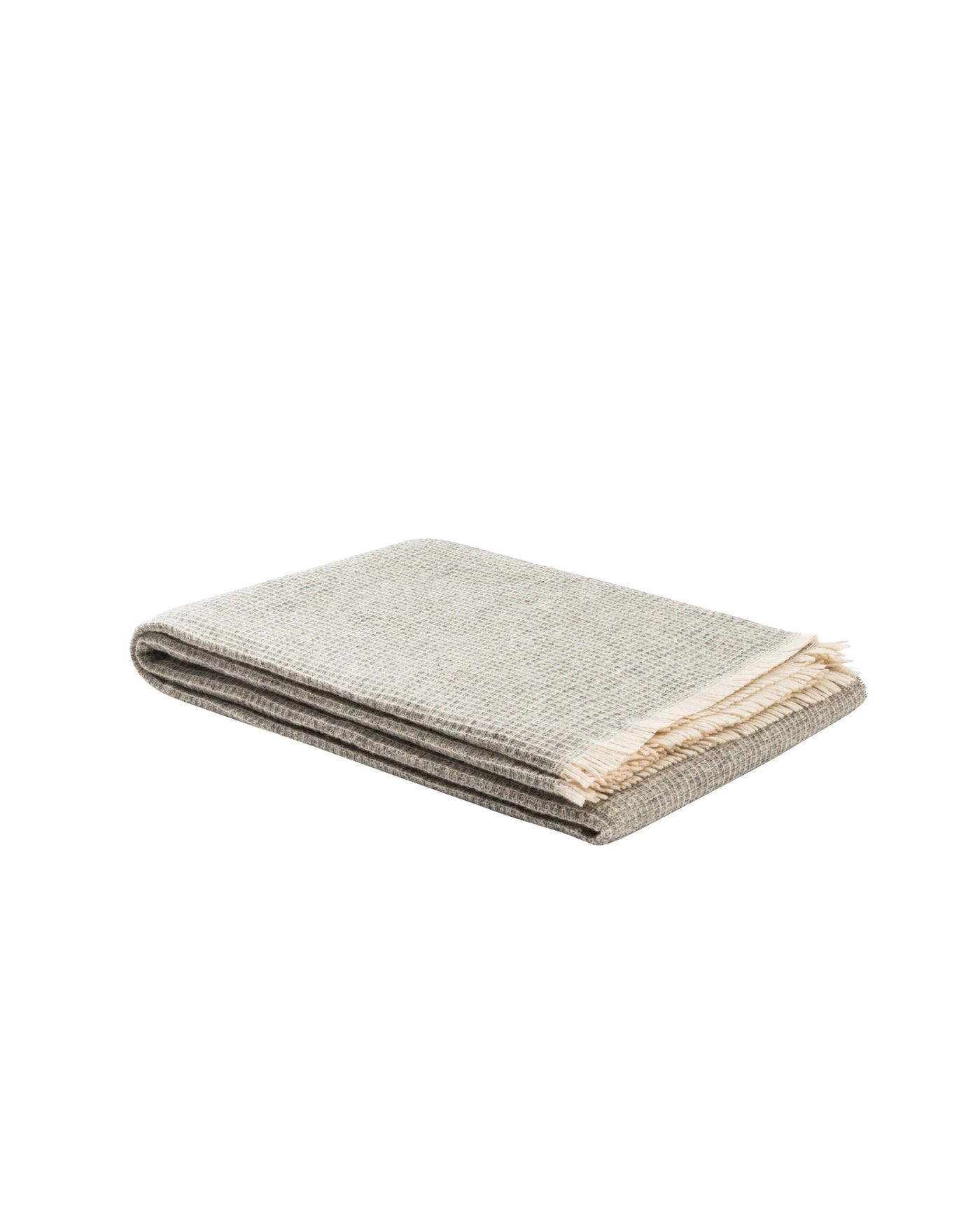 Lanerossi Rossi Moon throw folded flat, showing ivory fringe edge detail against grey weave.