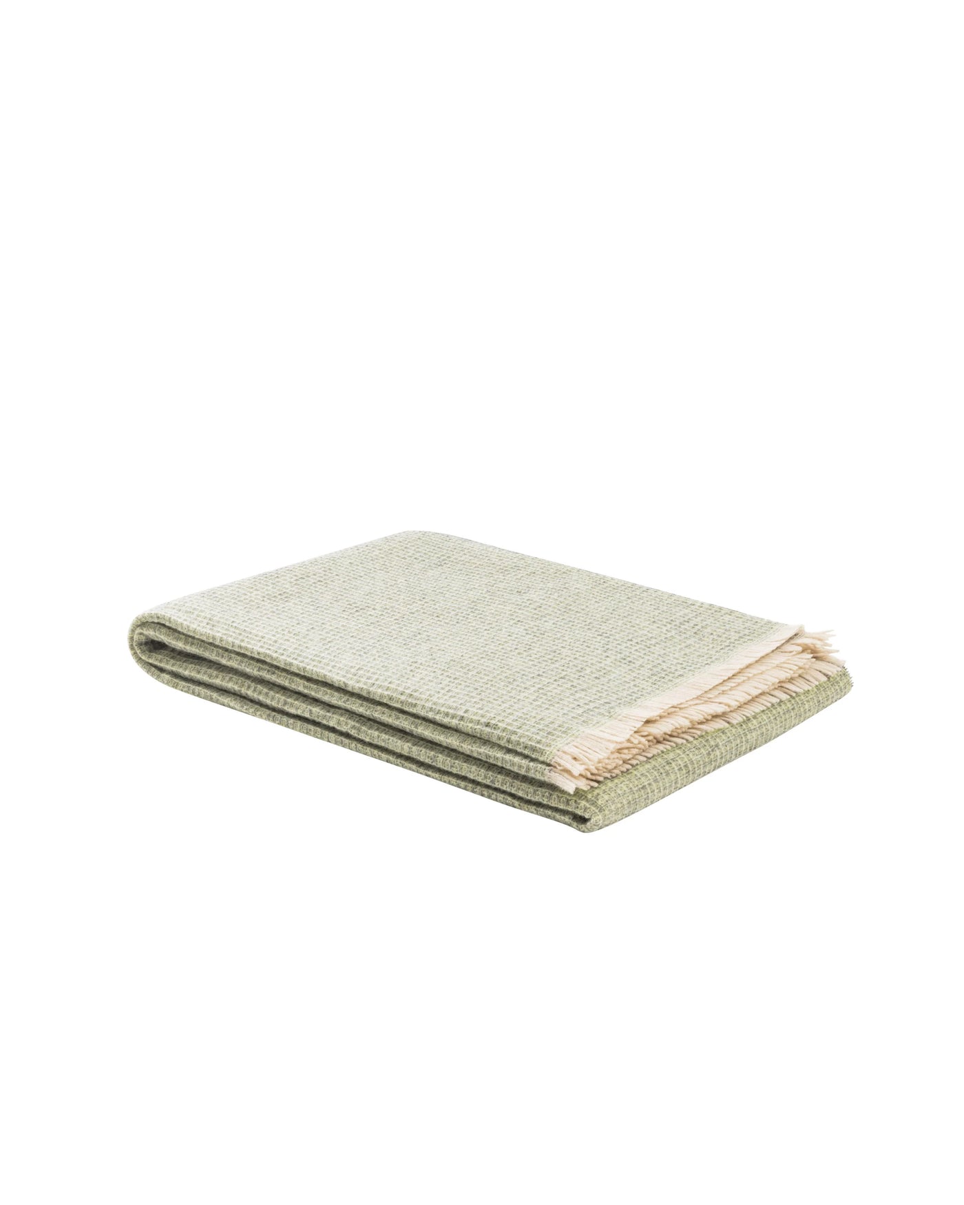 Lanerossi Rossi Moon throw folded, sage green woven texture with blush fringe trim.