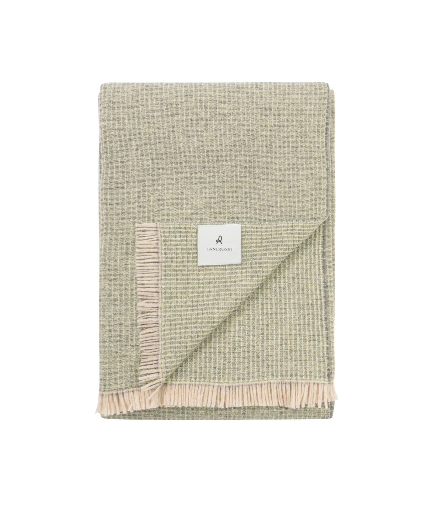 Lanerossi Rossi Moon throw folded flat, sage green waffle weave with ivory fringe trim.