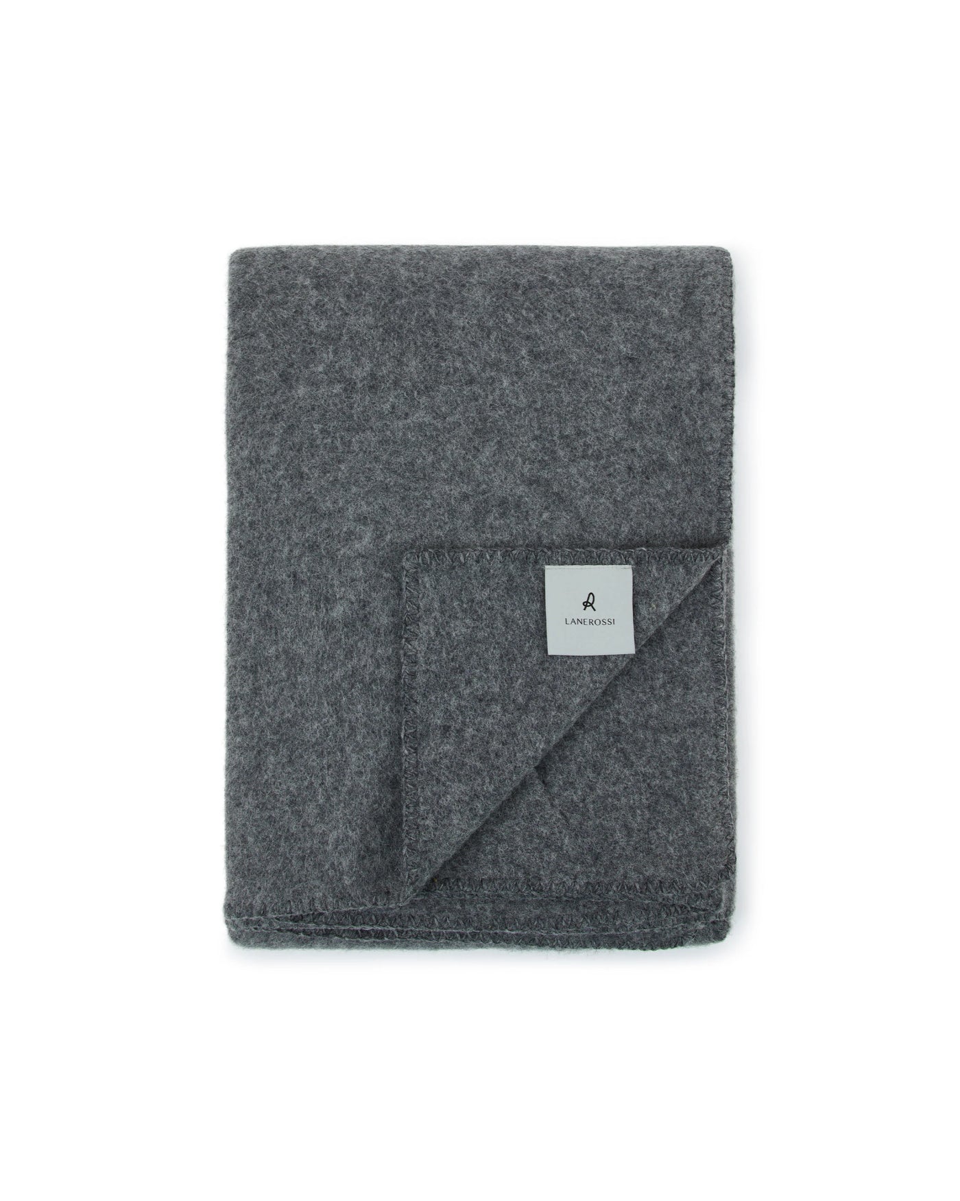 Folded charcoal wool throw with corner fold detail and woven brand label.