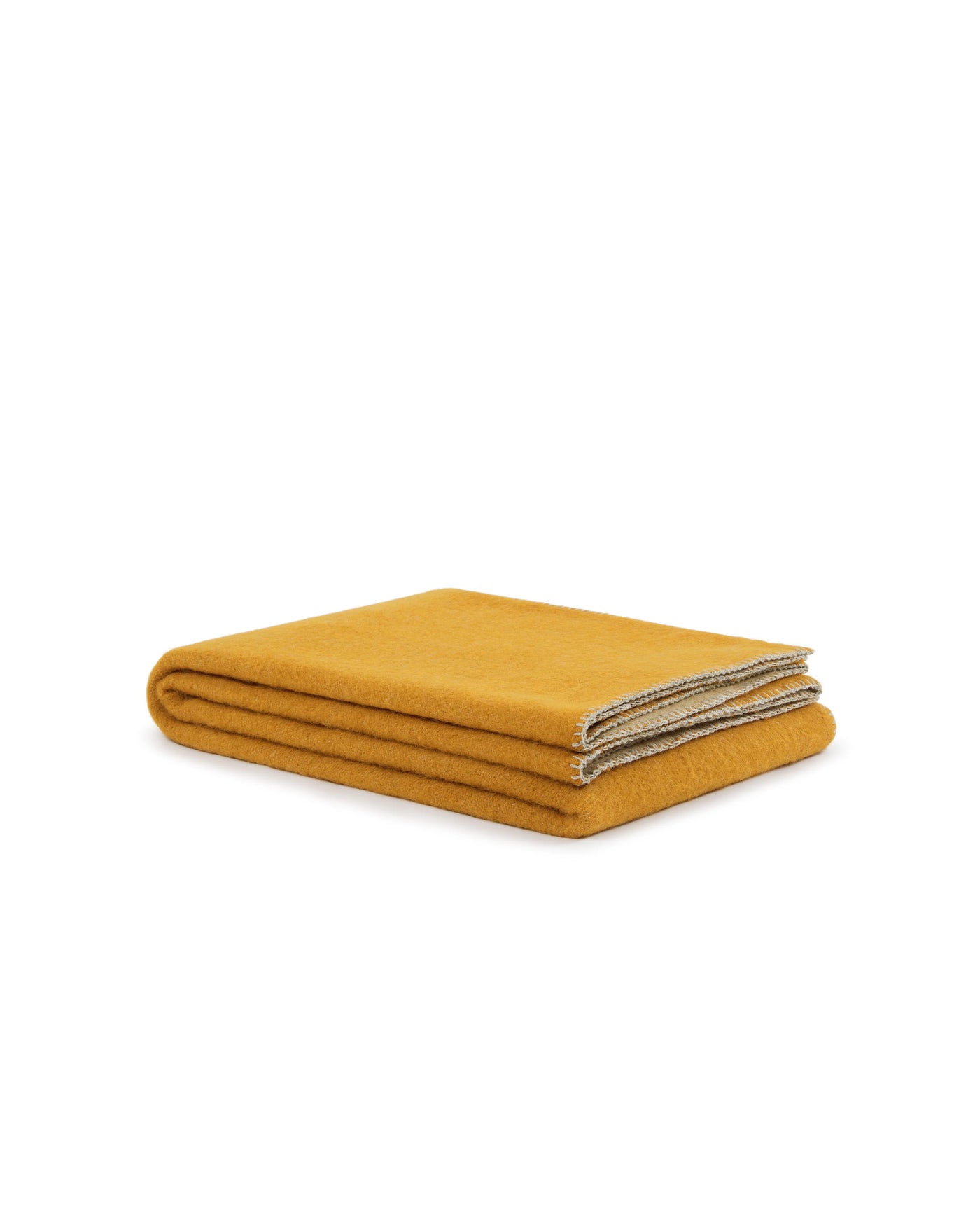 Lanerossi Southland throw folded flat, saffron wool with contrast stripe edge detail.
