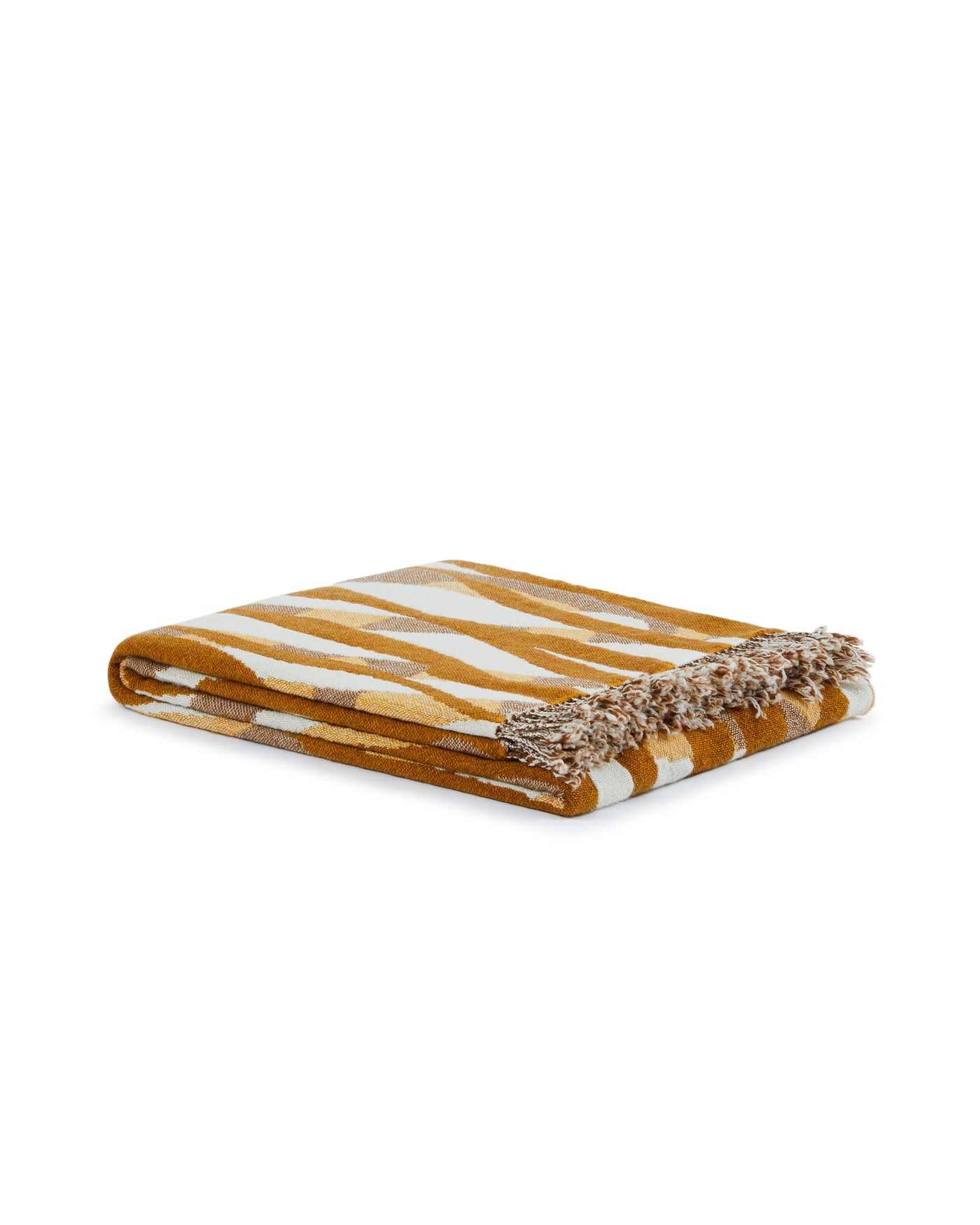Lanerossi Struttura throw folded, showing amber and ivory stripe pattern with fringe trim.