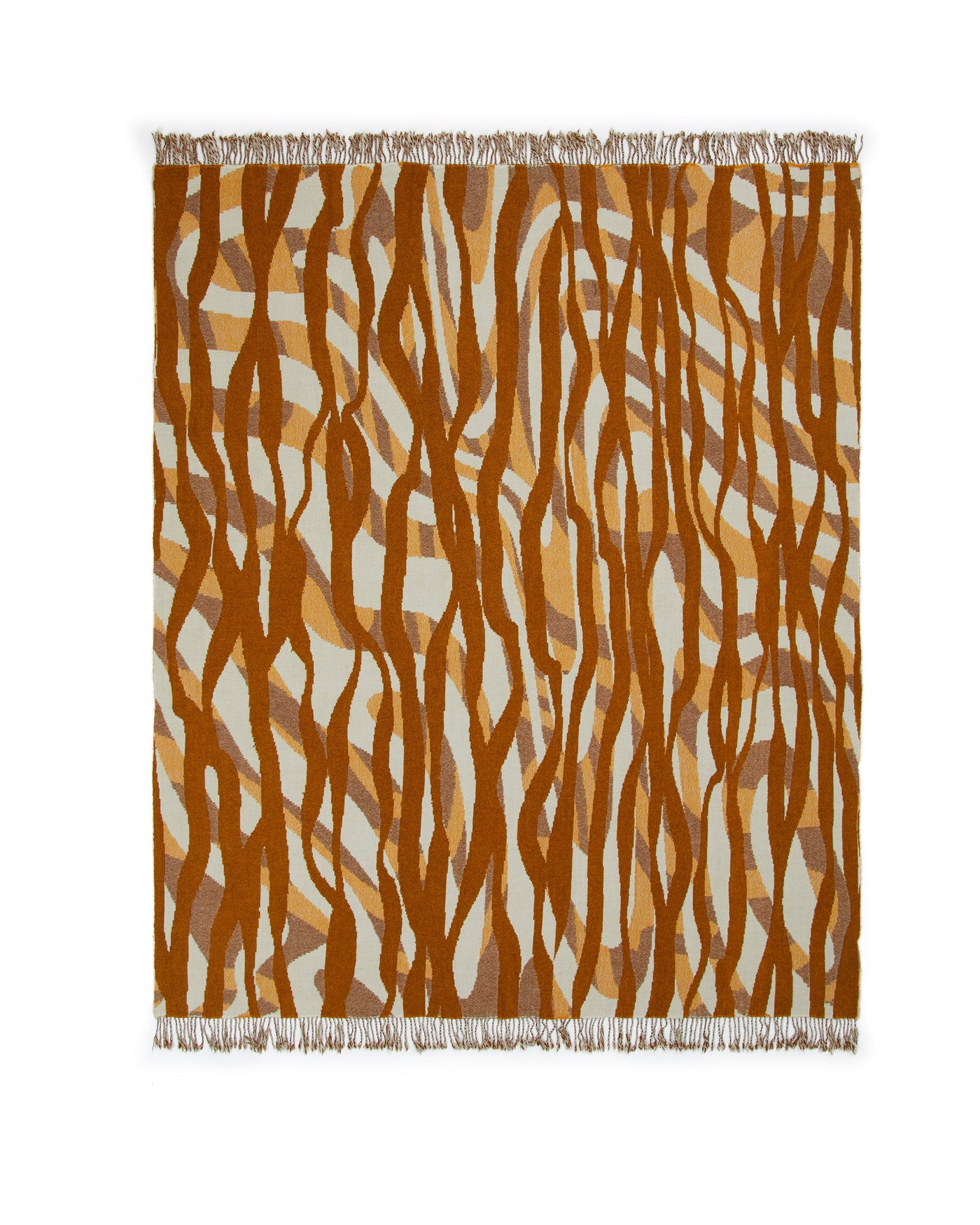 Lanerossi Struttura throw with amber wave pattern and fringe trim, flat lay view.