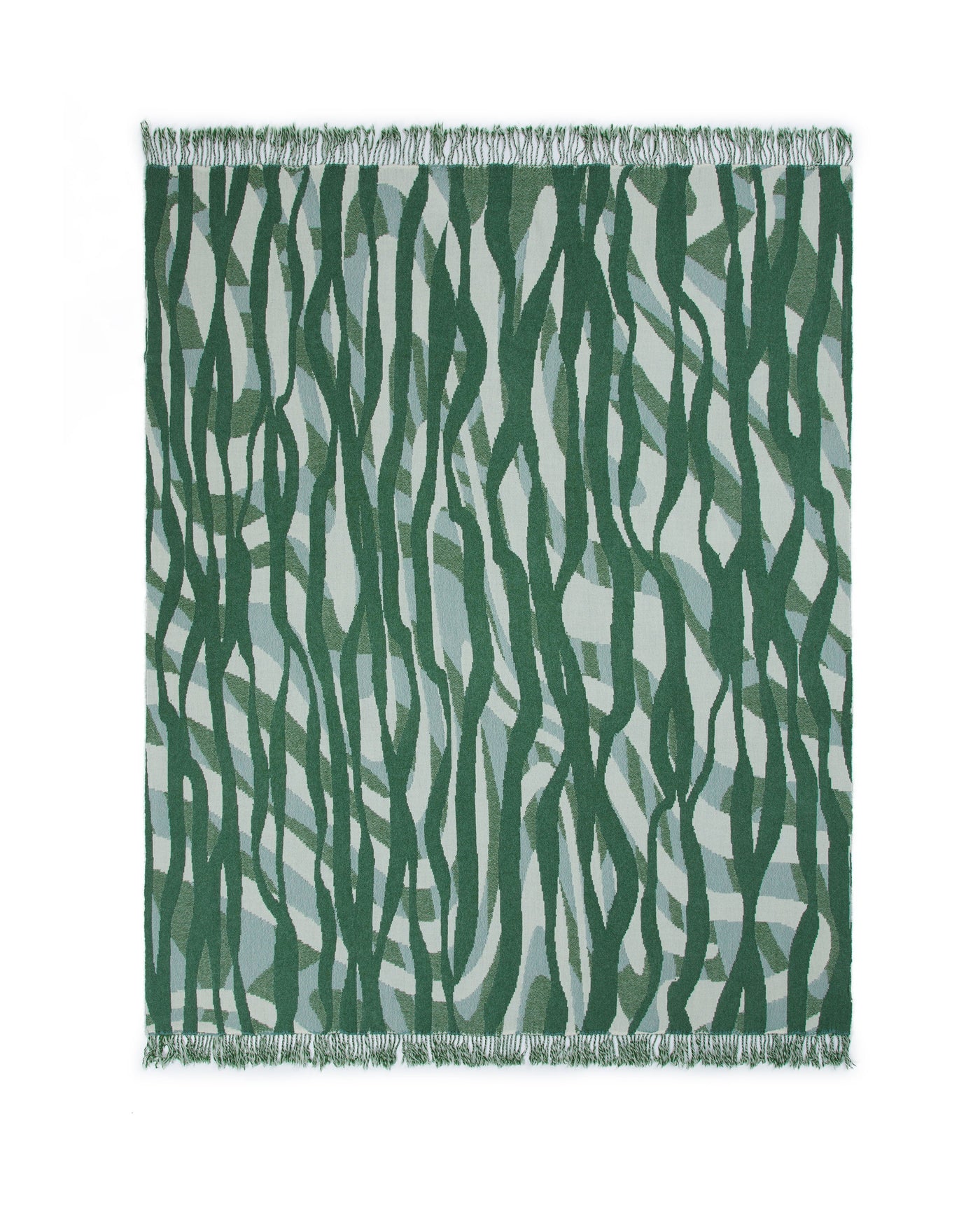 Lanerossi Struttura throw, emerald brushstroke pattern on sage ground with fringe trim.
