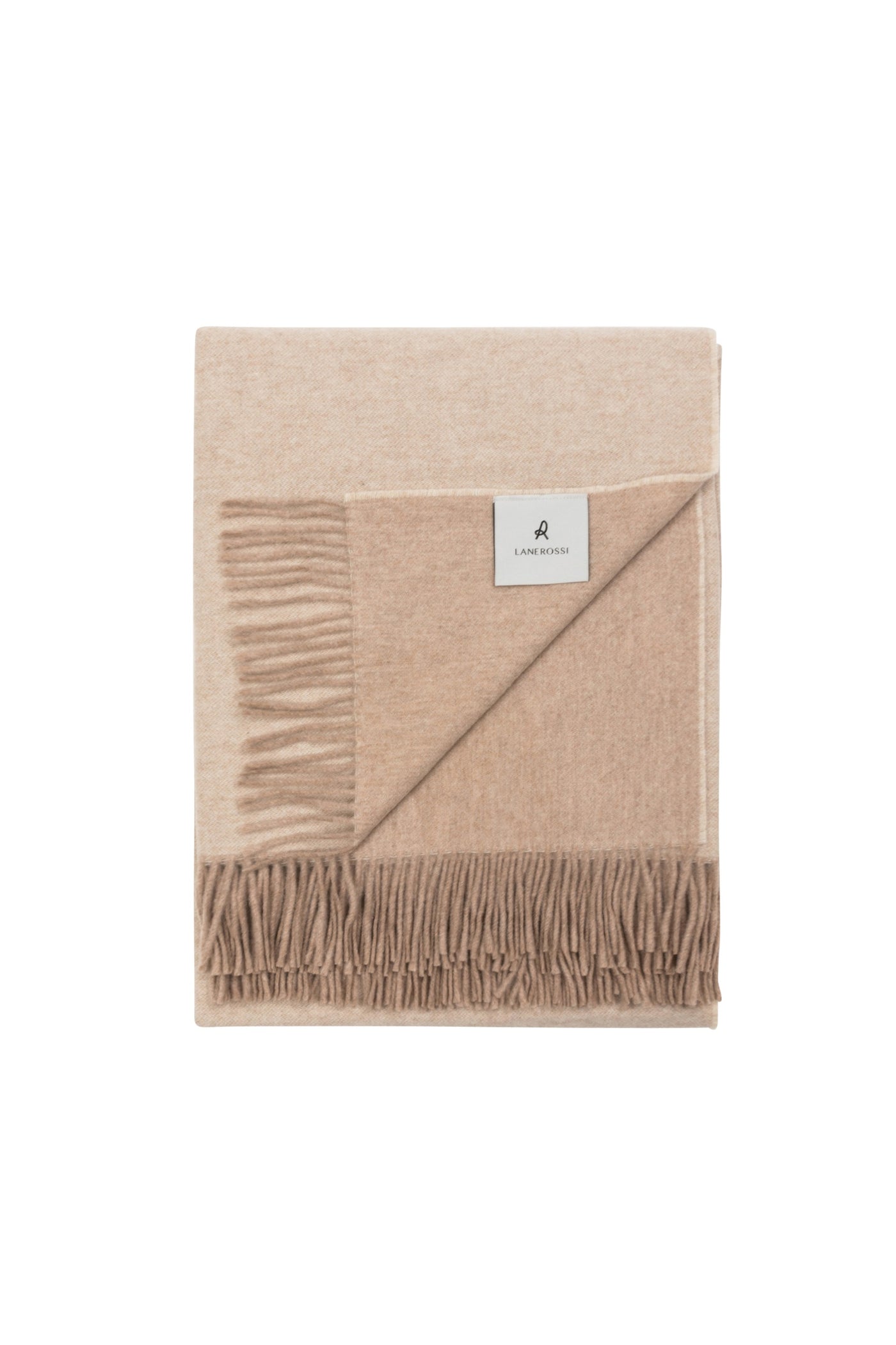 Lanerossi Ulisse throw folded flat, two-tone sand and camel wool with fringe trim.