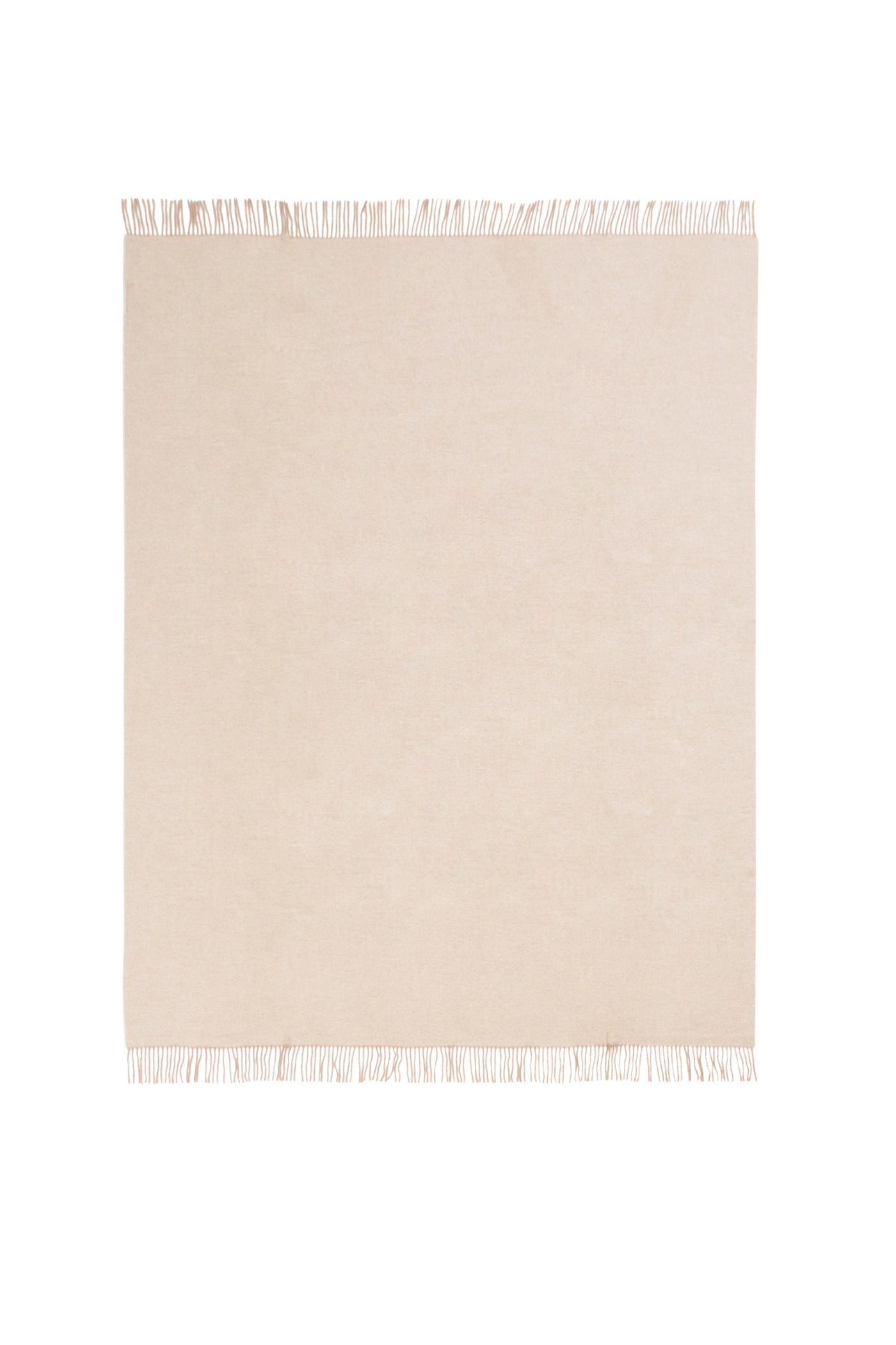 Flat lay of ivory woven throw with delicate fringe trim along top and bottom edges.
