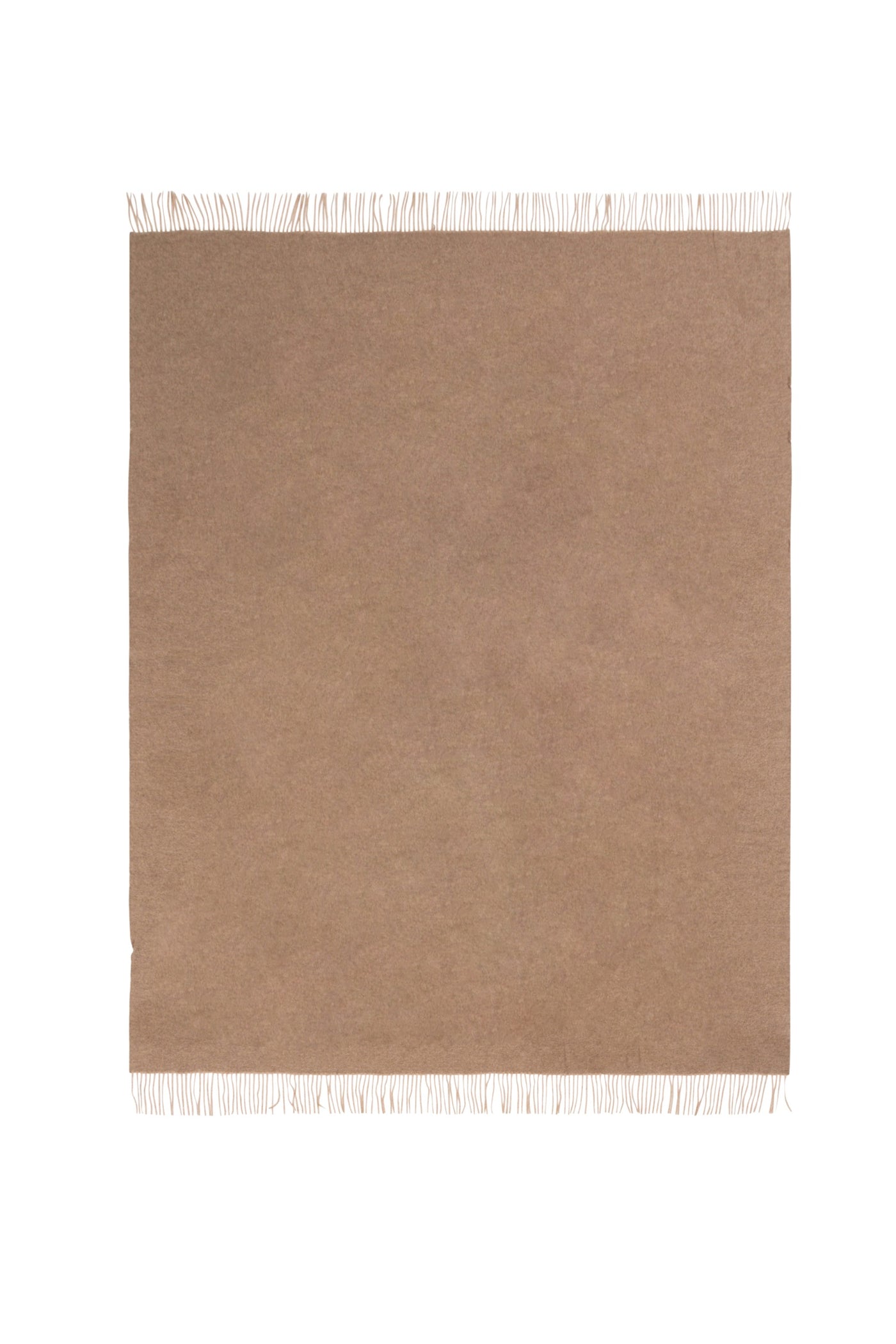 Flat lay of camel wool throw with ivory fringe trim along top and bottom edges.