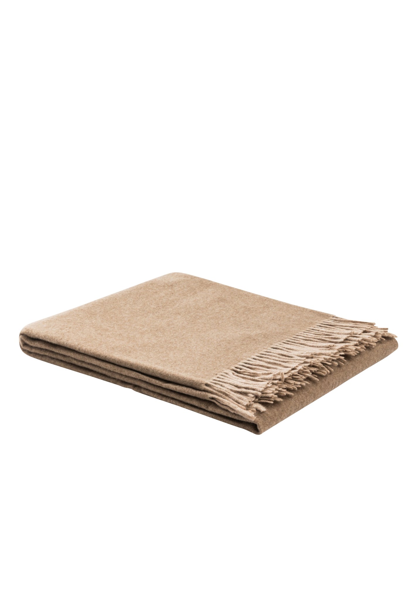 Folded camel throw with fringe trim, showing smooth woven texture and layered edges.