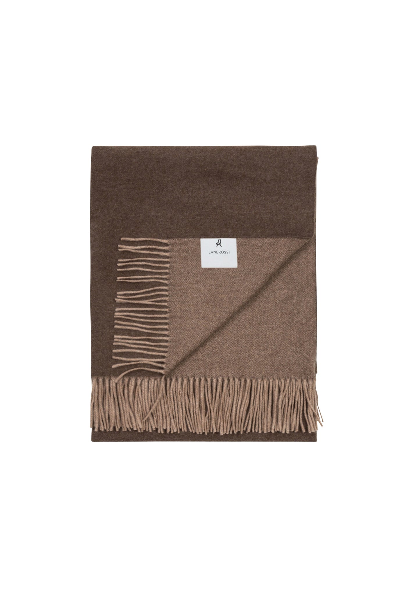 Reversible chocolate and camel wool throw, folded to show both sides, with fringe trim.