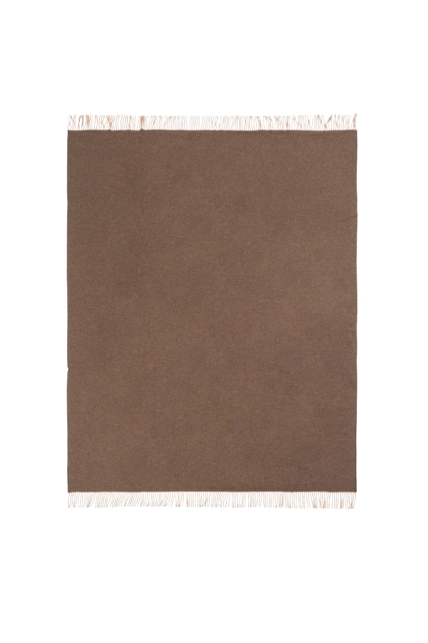 Mocha wool throw laid flat, showing ivory fringe trim along top and bottom edges.