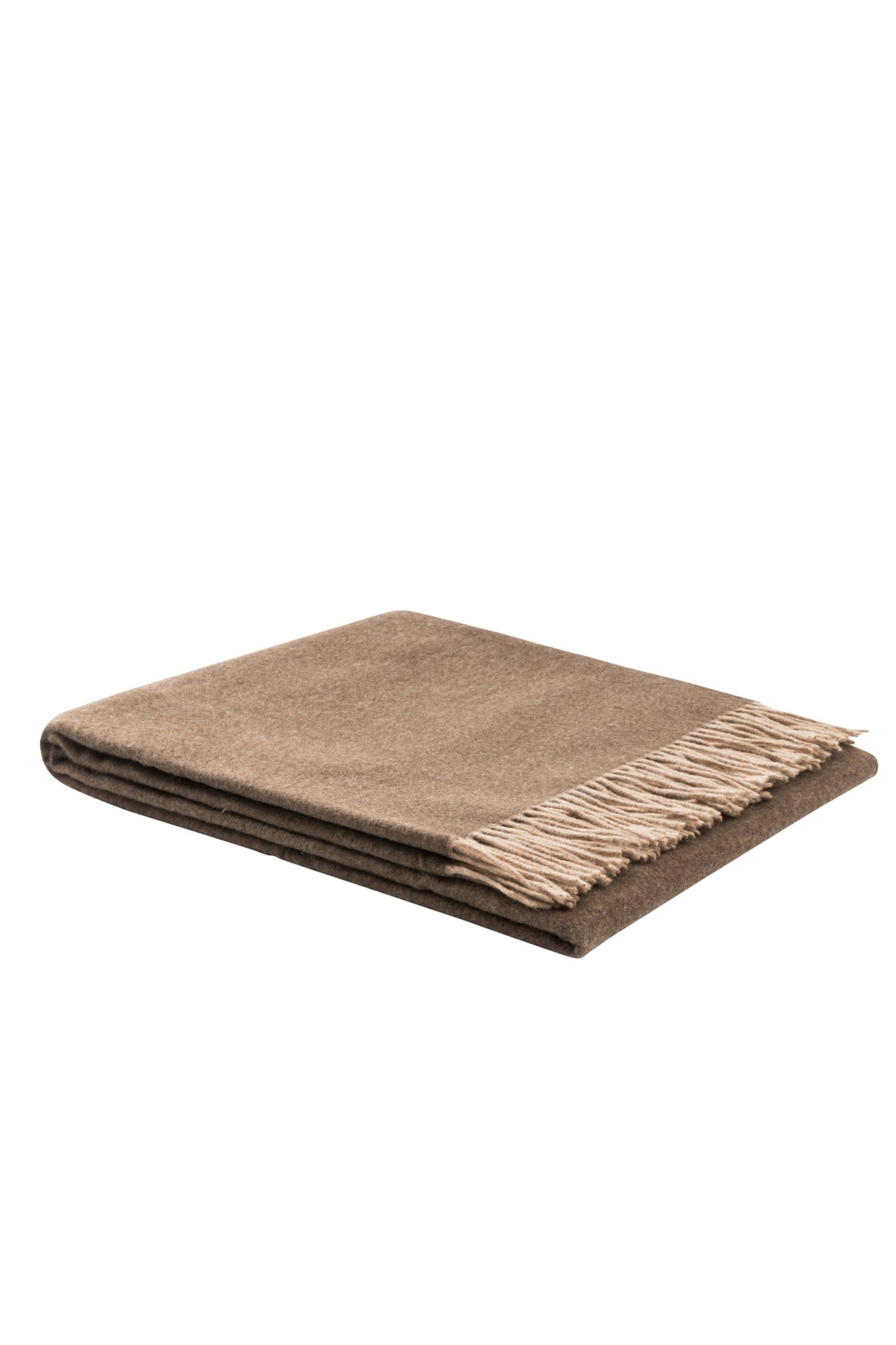 Folded mocha wool throw with contrast ivory fringe trim, shown against white background.