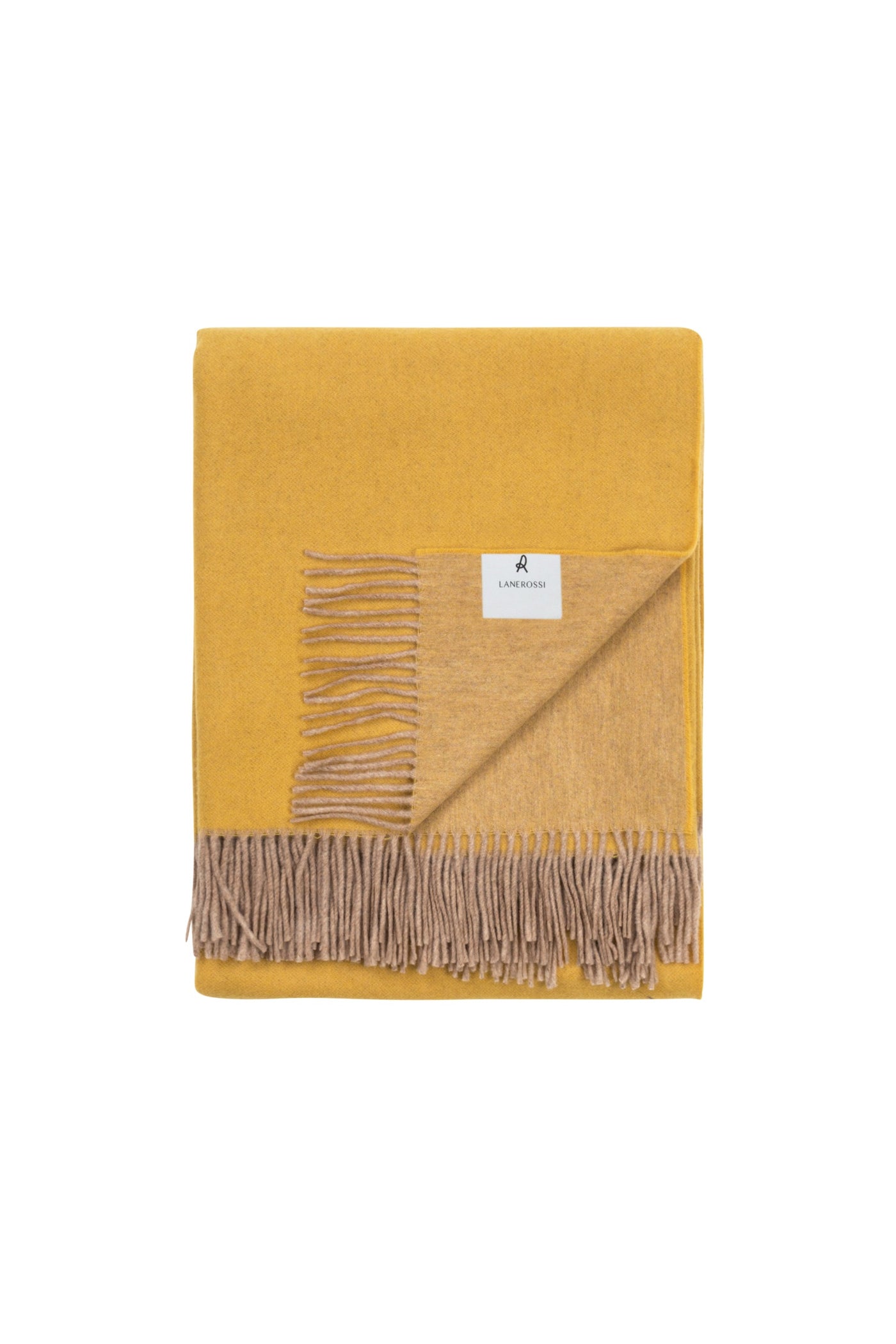 Mustard and camel reversible wool throw folded to show both sides, with taupe fringe trim.