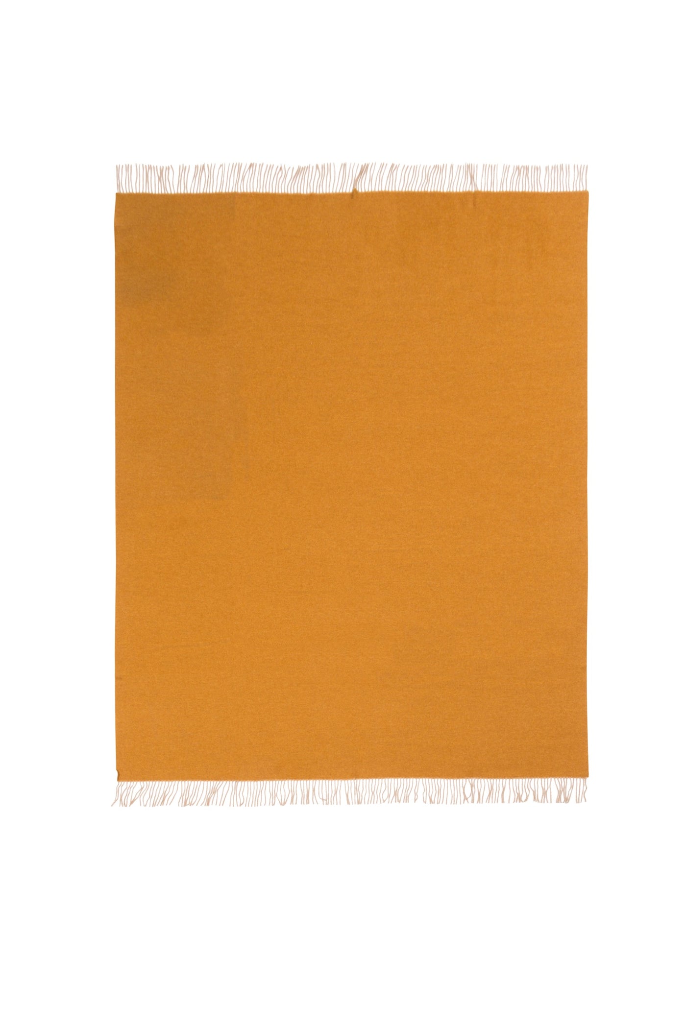 Saffron throw laid flat, showing ivory fringe trim along top and bottom edges.