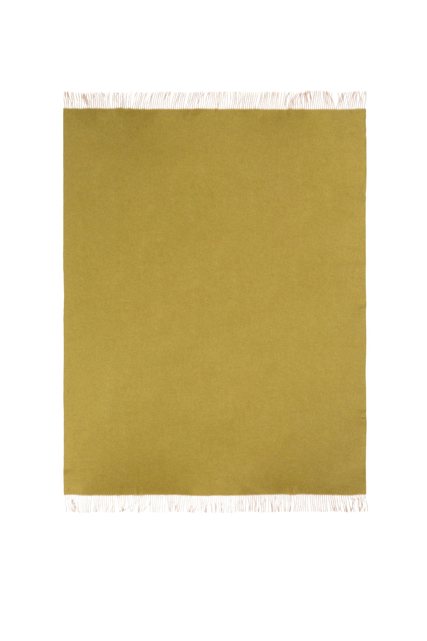 Olive green wool throw laid flat, with cream fringe trim along top and bottom edges.