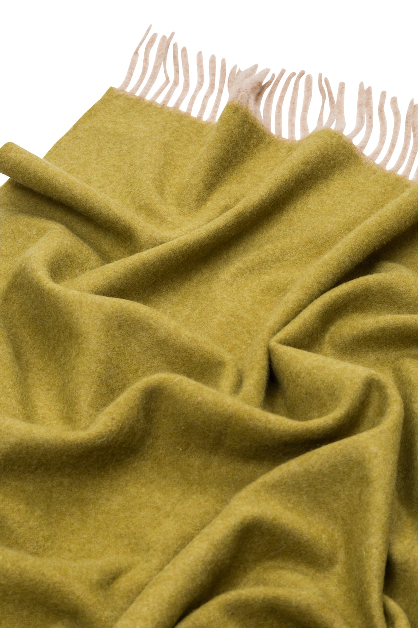 Olive wool throw draped loosely, showing fringe trim detail against white background.