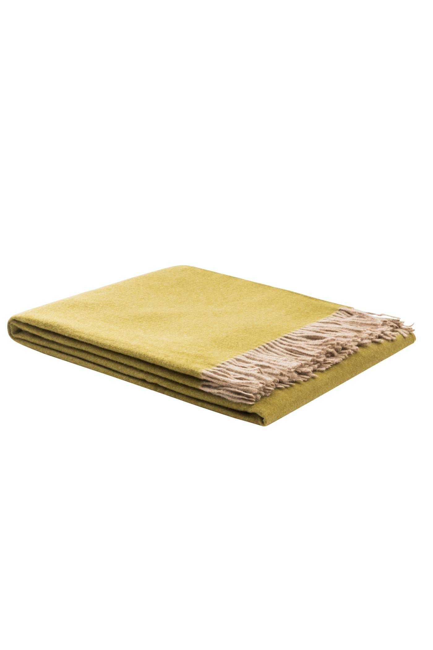 Ulisse throw folded flat, chartreuse wool with natural fringe trim detail.