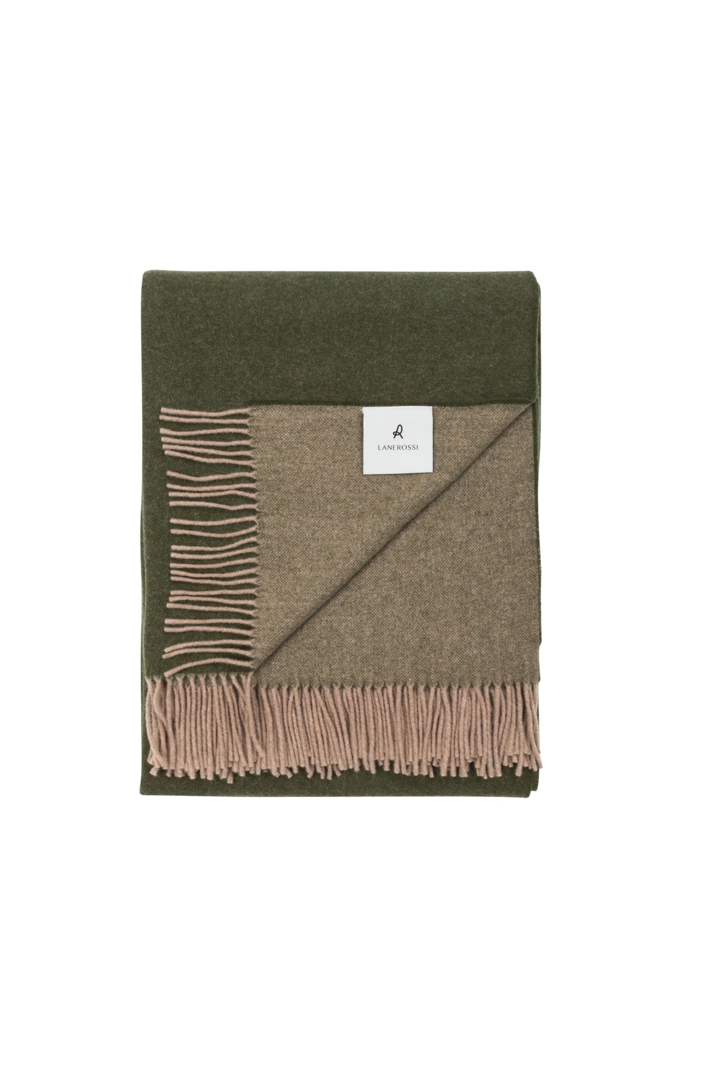 Folded Lanerossi Ulisse throw showing olive green and taupe reversible wool with blush fringe.