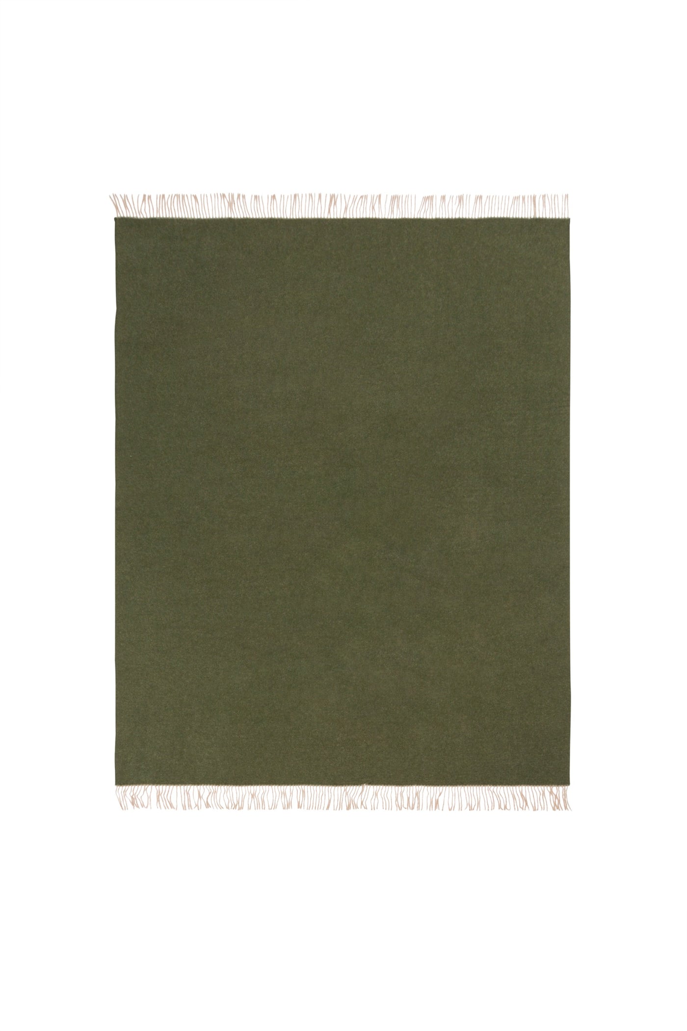 Lanerossi Ulisse throw in olive green with ivory fringe trim, flat lay view.