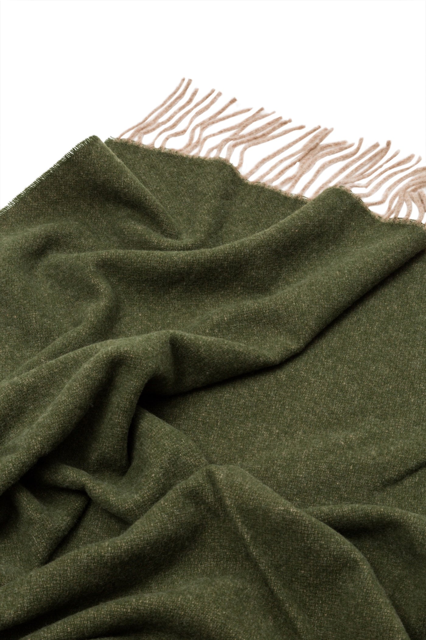 Lanerossi Ulisse throw in olive green wool, draped to show natural fringe trim detail.