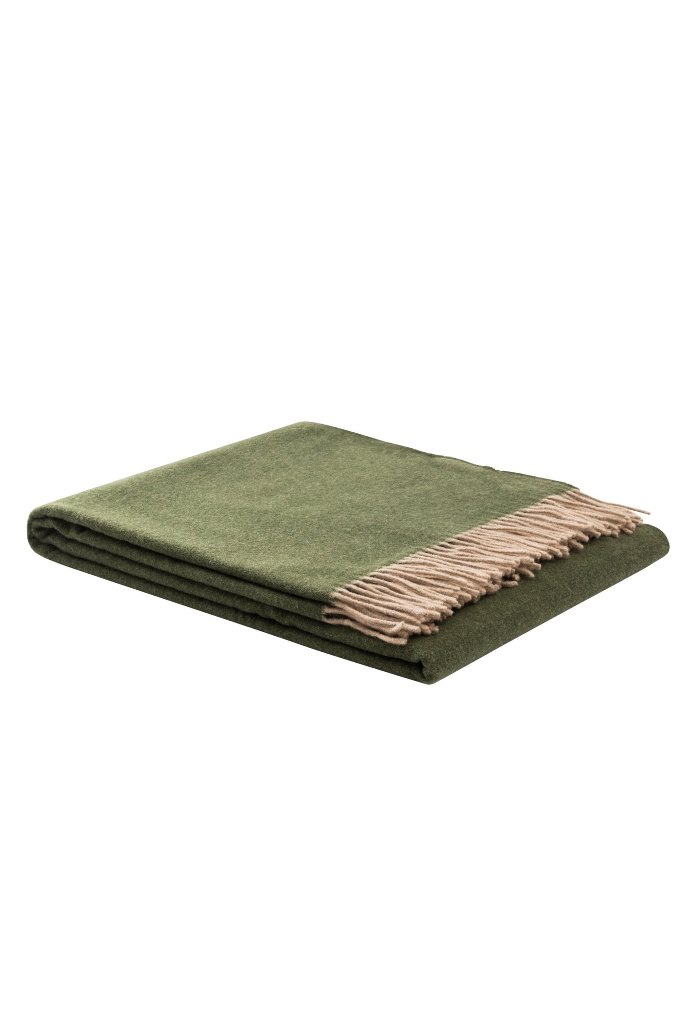 Lanerossi Ulisse throw folded, olive green with blush fringe trim.