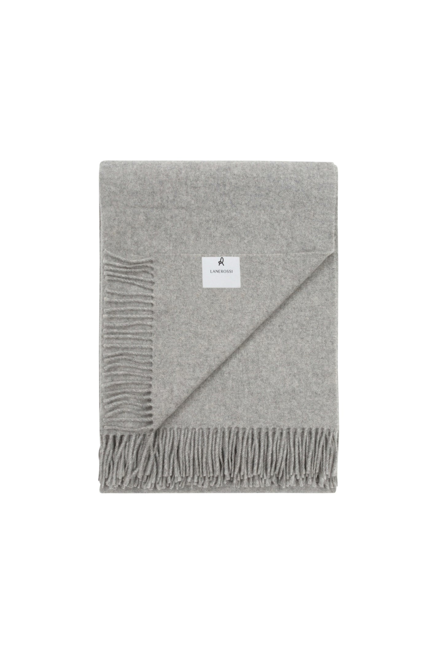 Lanerossi Ulisse throw folded flat, silver grey with fringe trim detail.