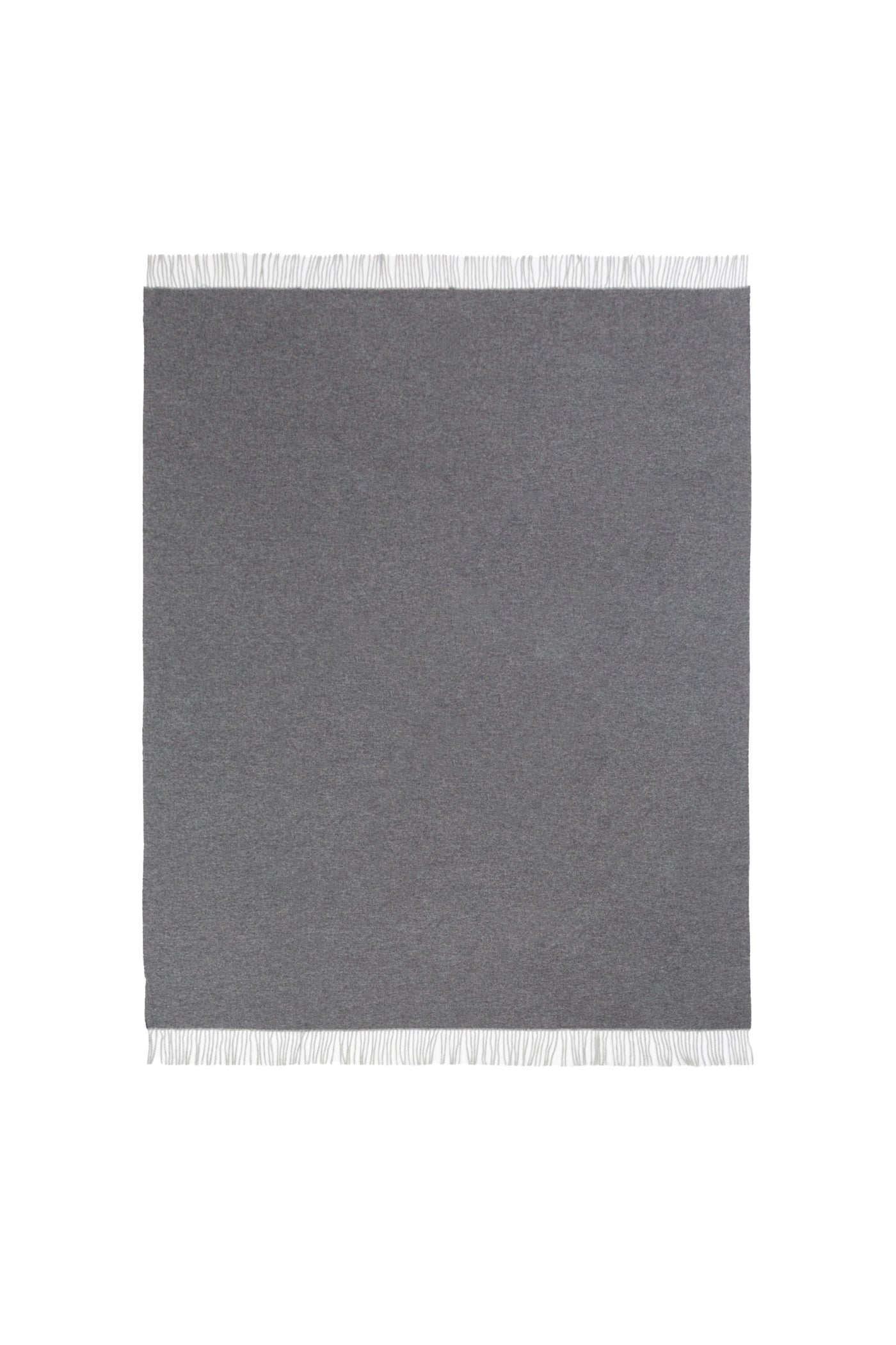 Charcoal grey woven throw with white fringe trim, laid flat on white background.