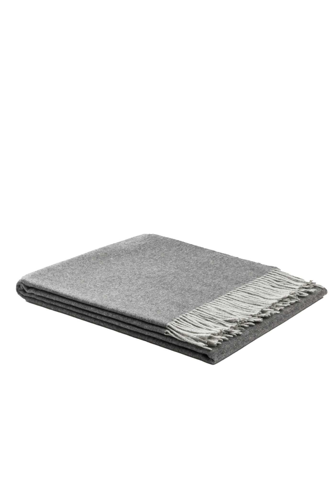 Lanerossi Ulisse throw folded flat, medium grey wool with ivory fringe trim.