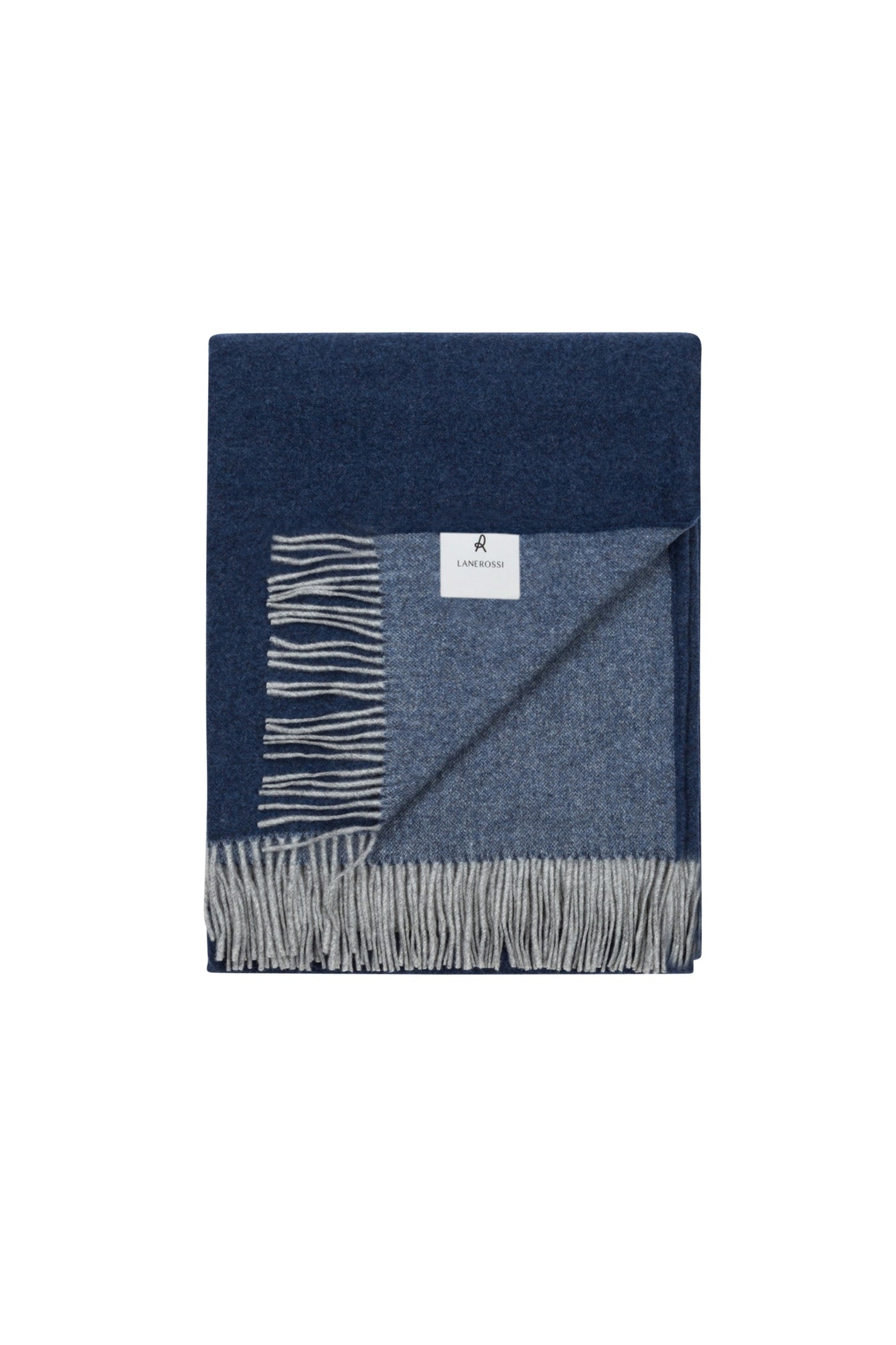 Folded navy and blue reversible wool throw with grey fringe trim and Lanerossi label.