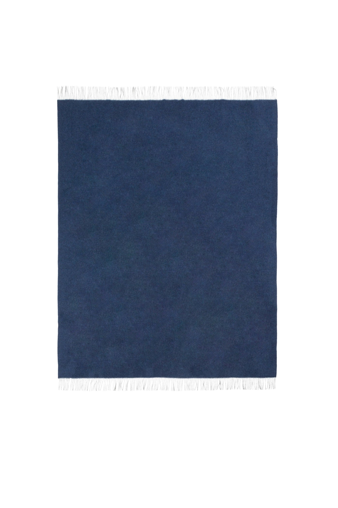 Navy blue Lanerossi Ulisse throw laid flat, showing white fringe trim along top and bottom edges.