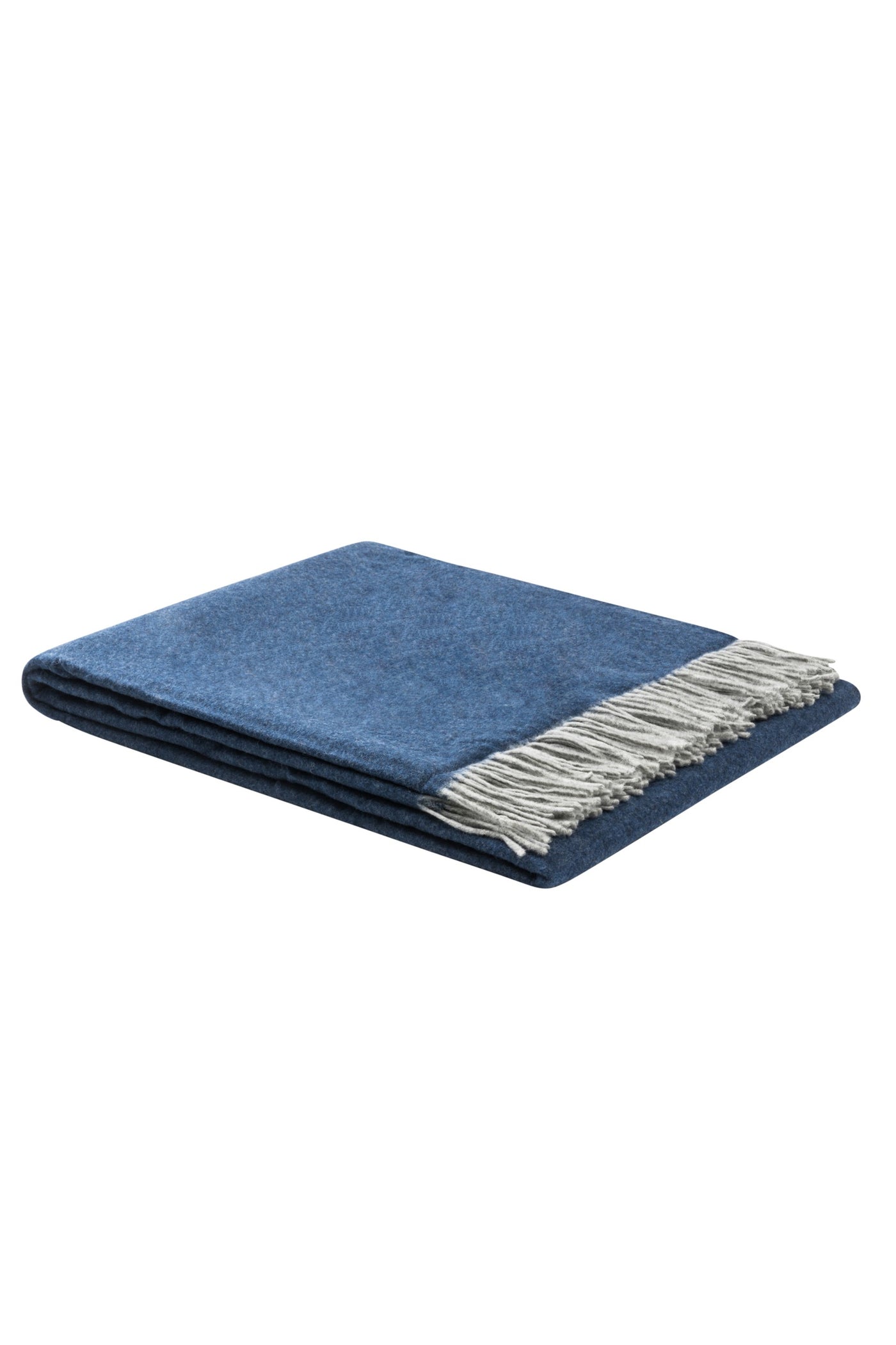 Folded navy and denim blue wool throw with grey fringe trim, angled view.