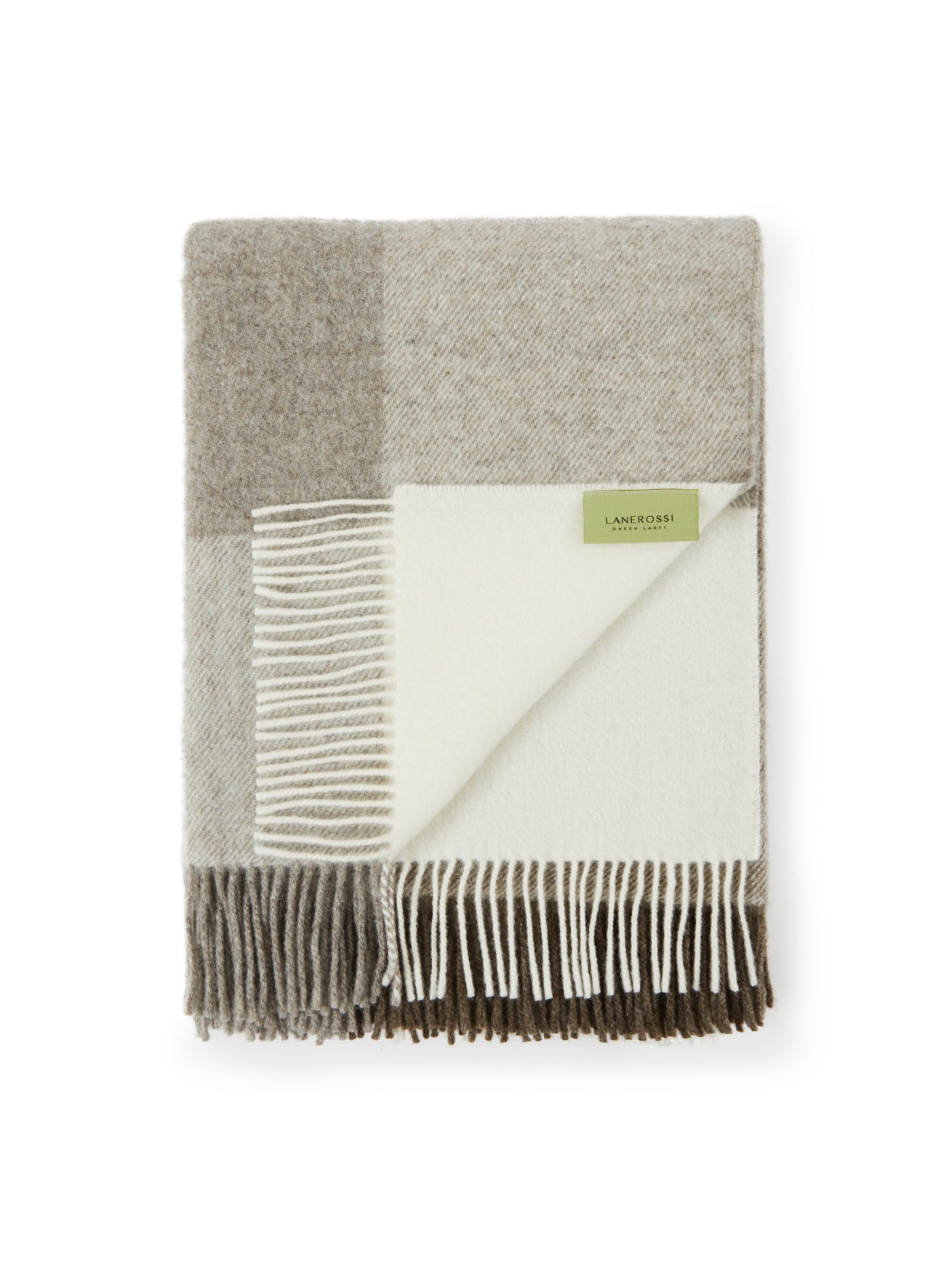 Lanerossi Uruguay GOTS Check throw in taupe and ivory block pattern with fringe trim.