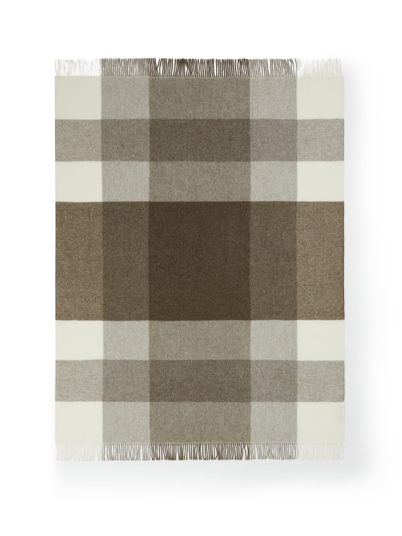 Lanerossi Uruguay throw, bold mocha and ivory check pattern with fringe trim.