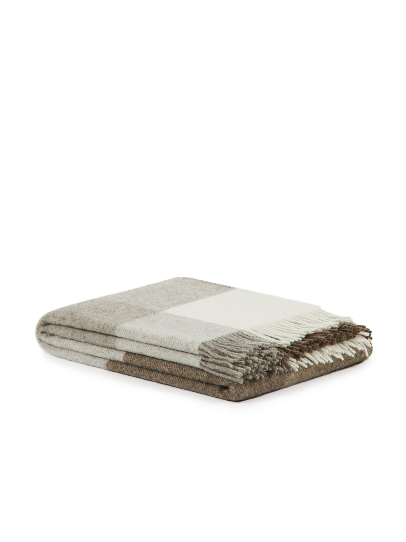 Folded Lanerossi Uruguay throw in neutral check pattern with knotted fringe detail.