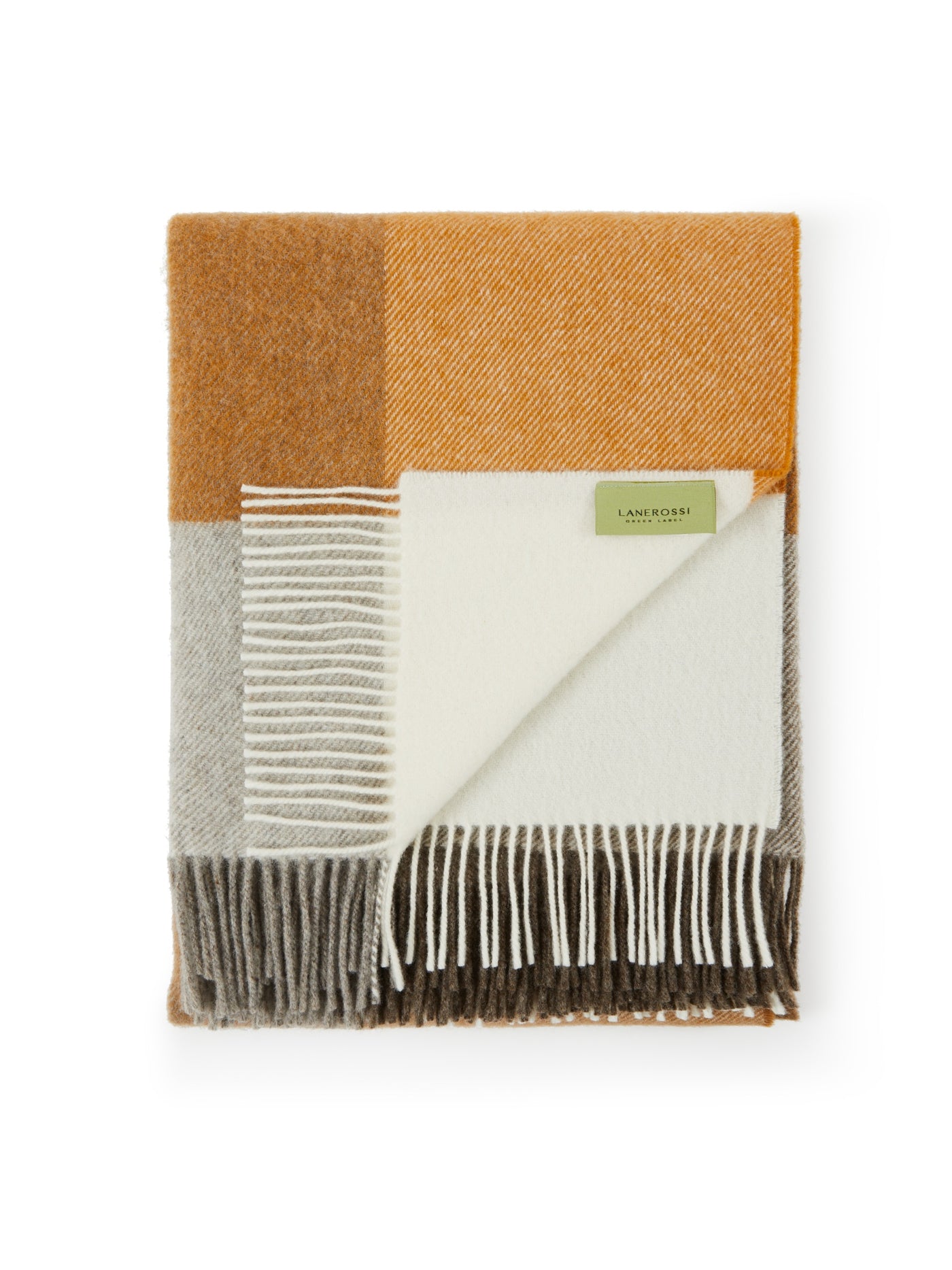 Lanerossi Uruguay throw folded, showing amber, ivory, and grey check with fringed edge.