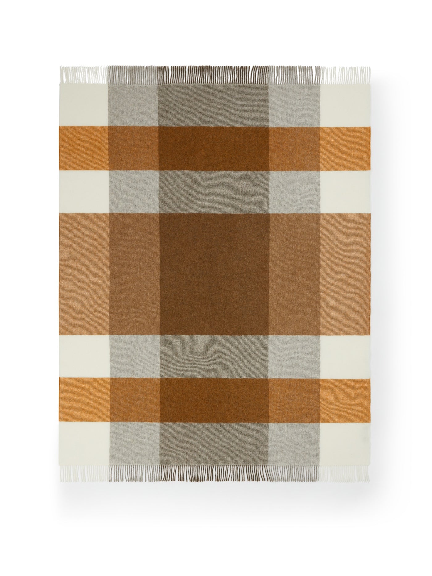 Fringe edge detail of Lanerossi Uruguay throw in amber, taupe, and ivory plaid.