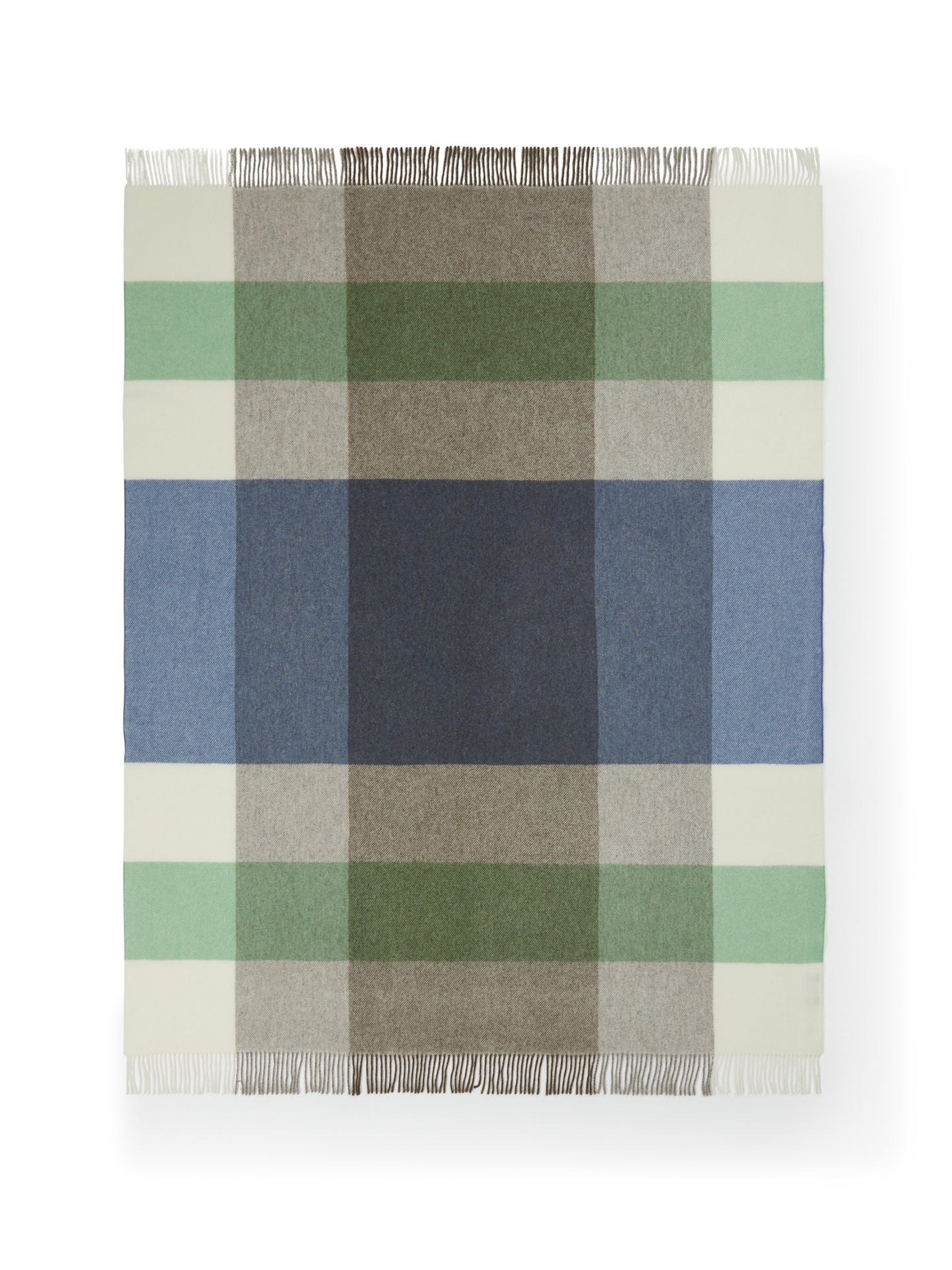 Fringe-edged wool throw with bold check in sage, slate blue, taupe, and ivory.
