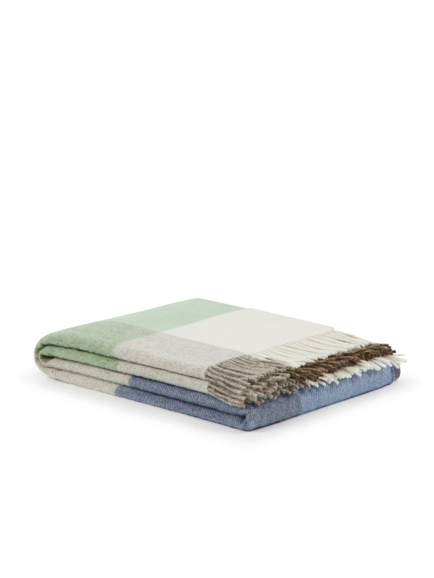 Folded wool throw showing mint, ivory, taupe, and slate blue check pattern with fringe trim.