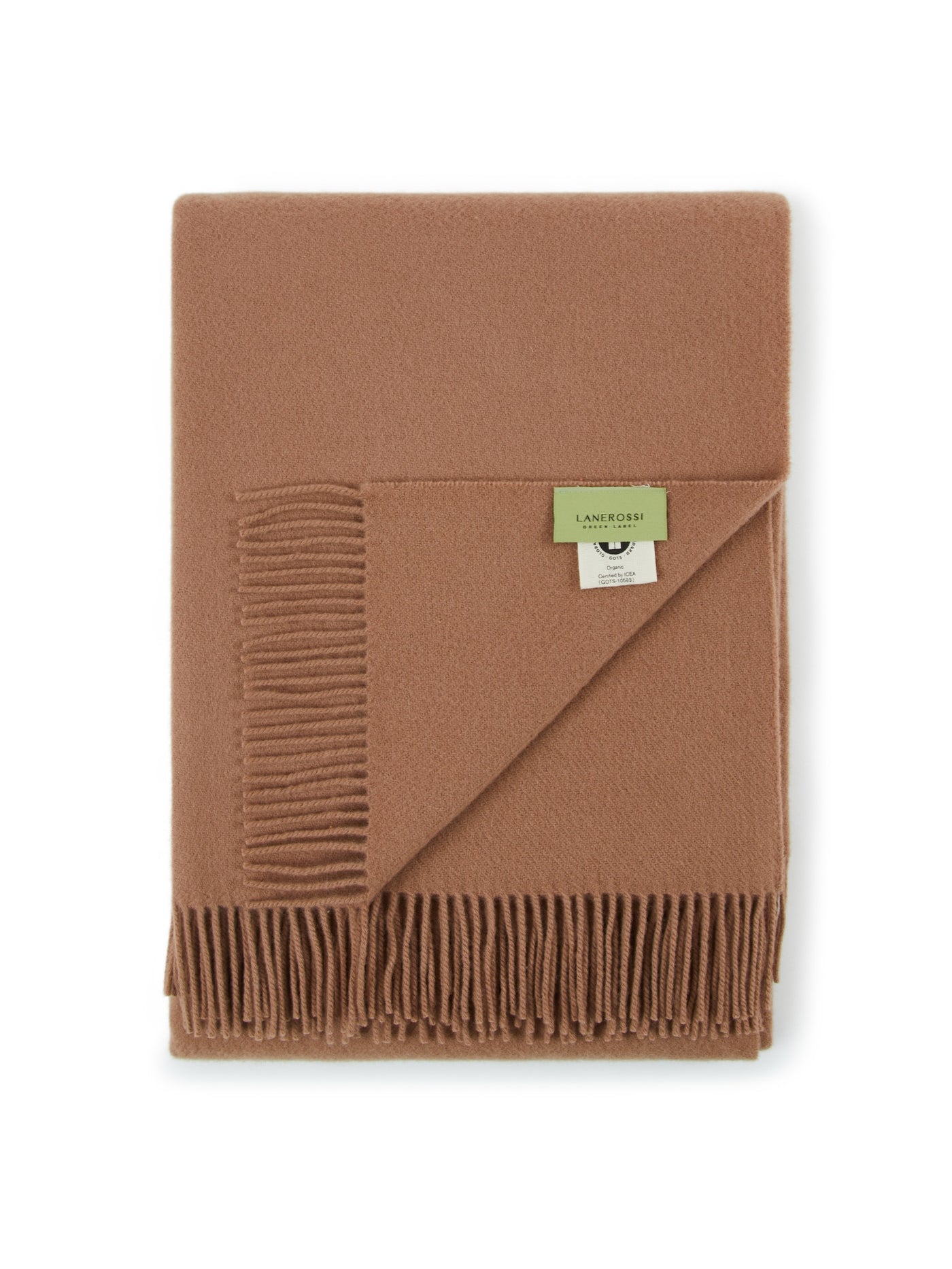 Lanerossi Uruguay throw in camel, folded flat showing fringe trim and woven texture detail.