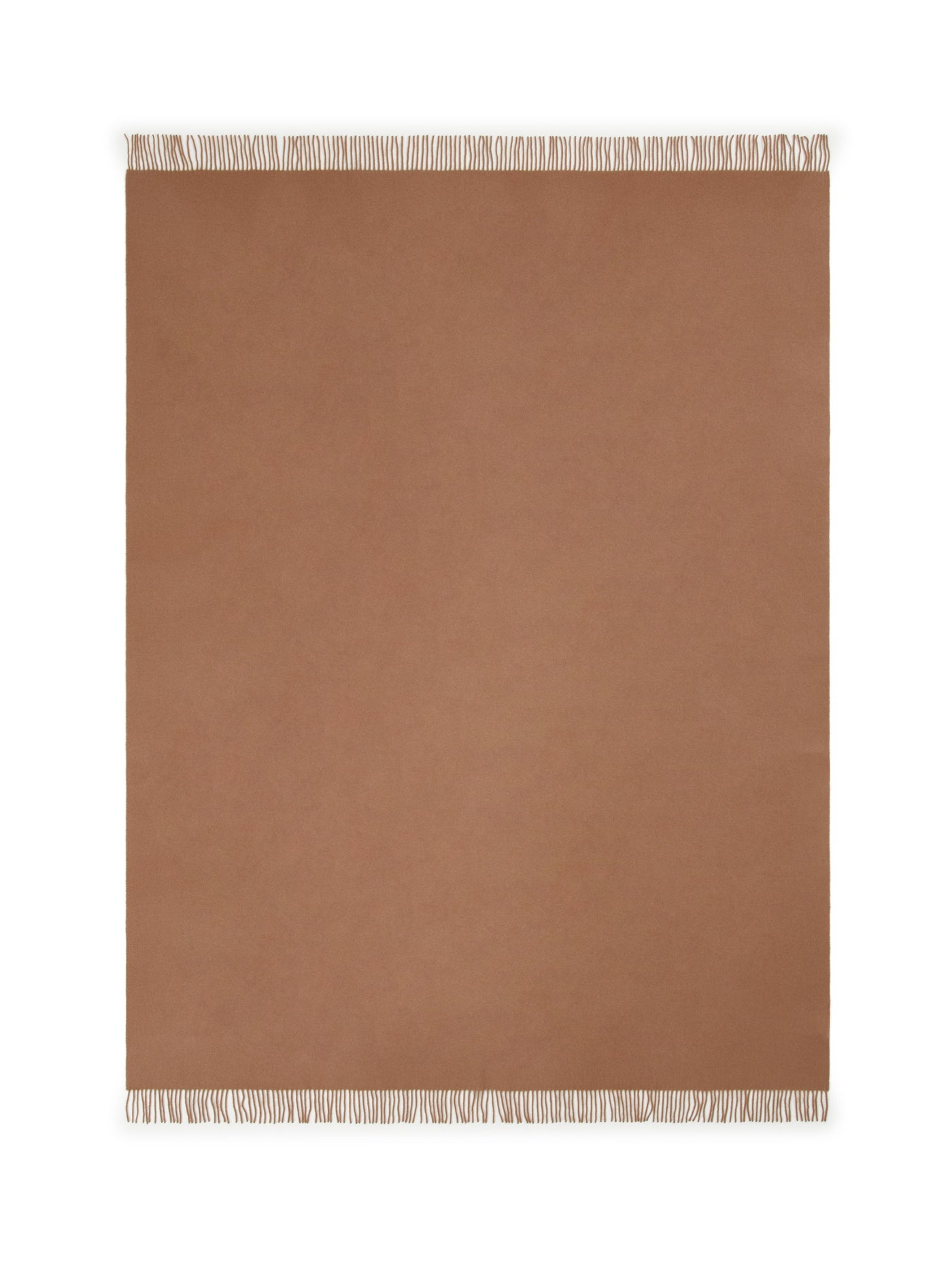 Lanerossi Uruguay throw in camel with ivory fringe trim, flat lay view.