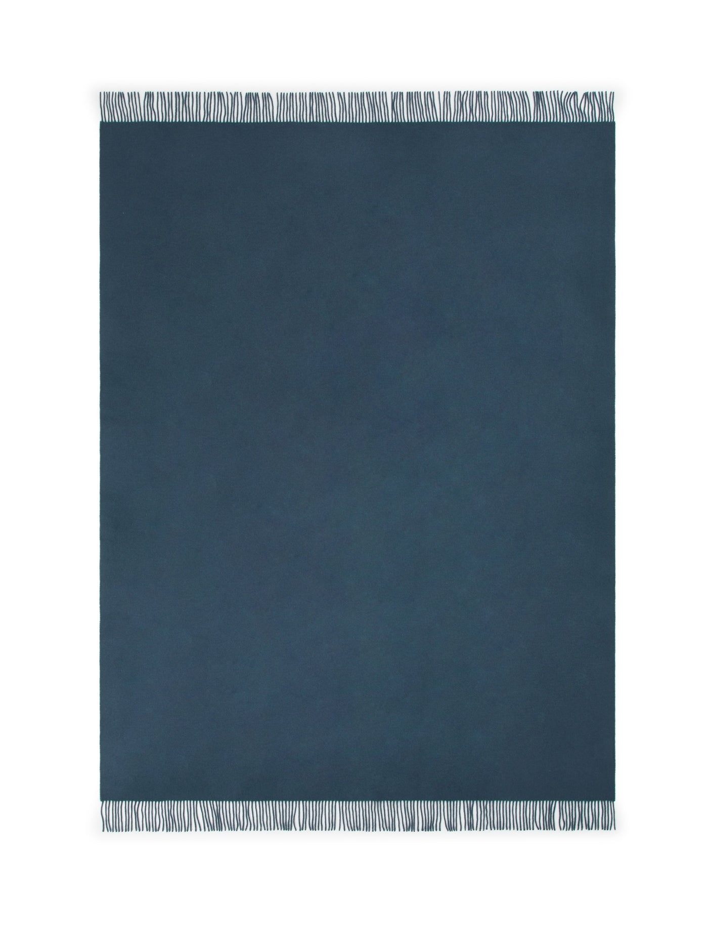 Lanerossi Uruguay throw in slate blue with contrast fringe trim, flat lay view.