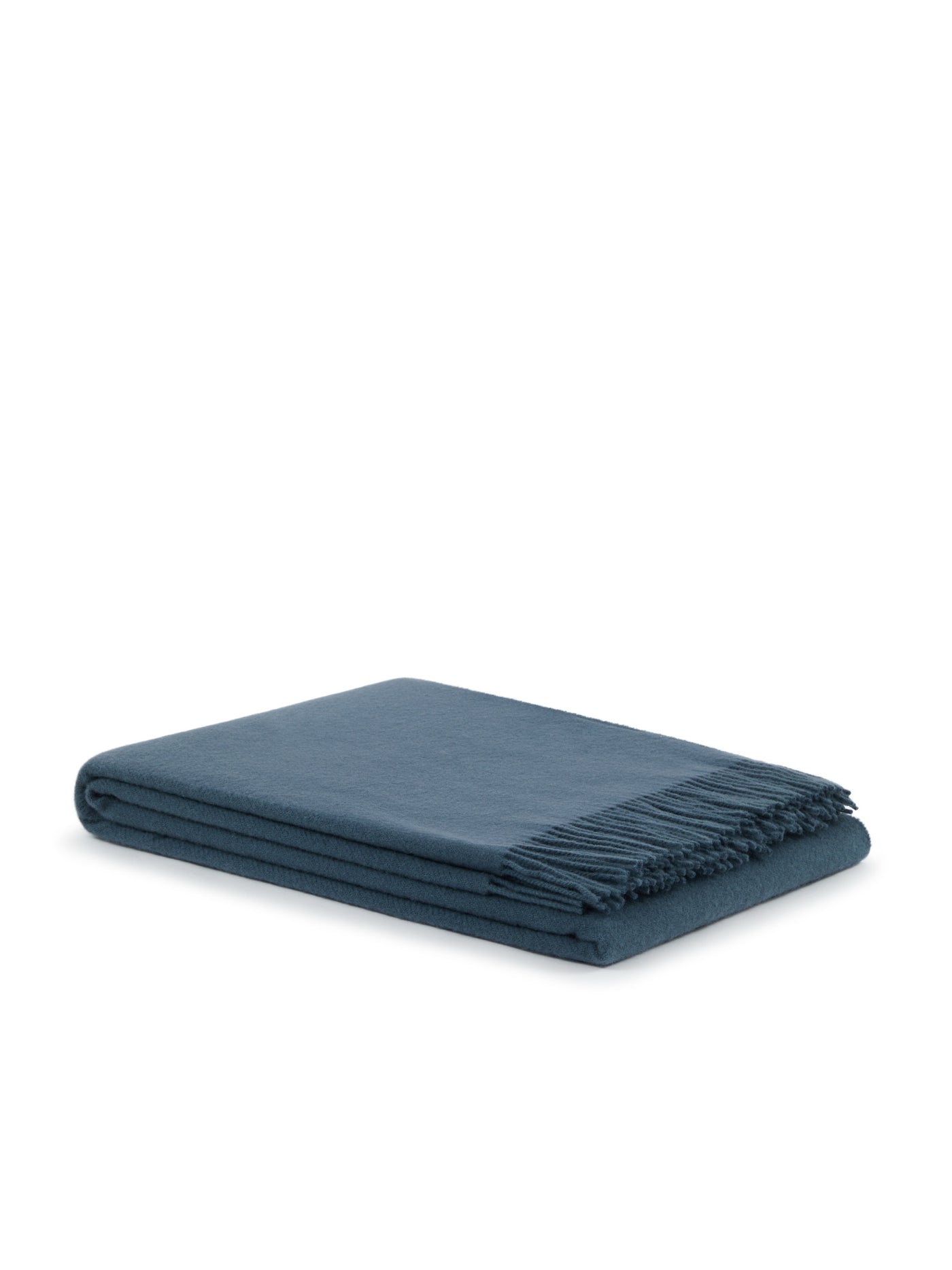 Lanerossi Uruguay throw folded flat, slate blue with fringe trim.