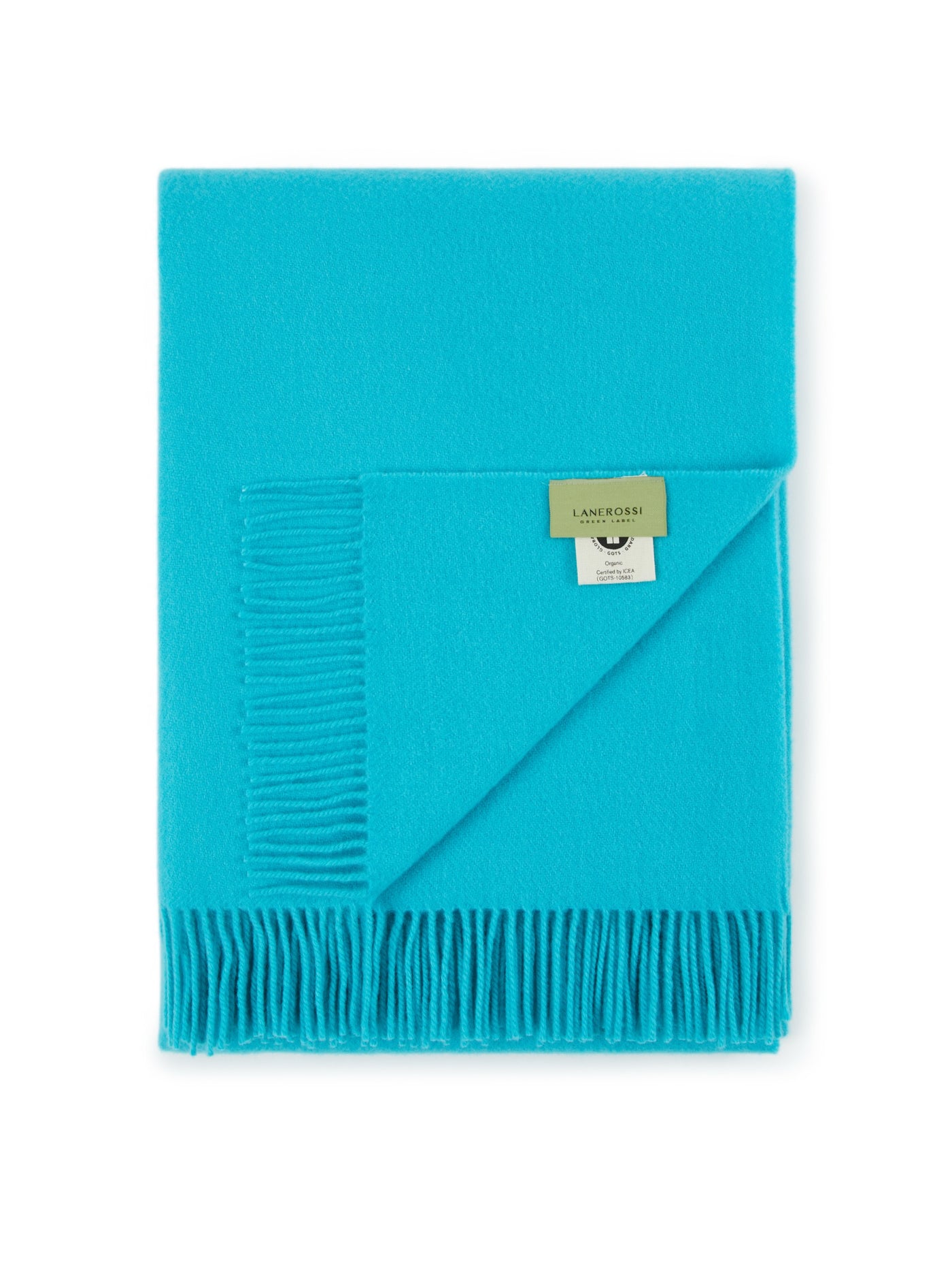 Lanerossi Uruguay throw in turquoise, folded flat showing fringe trim and brand label.